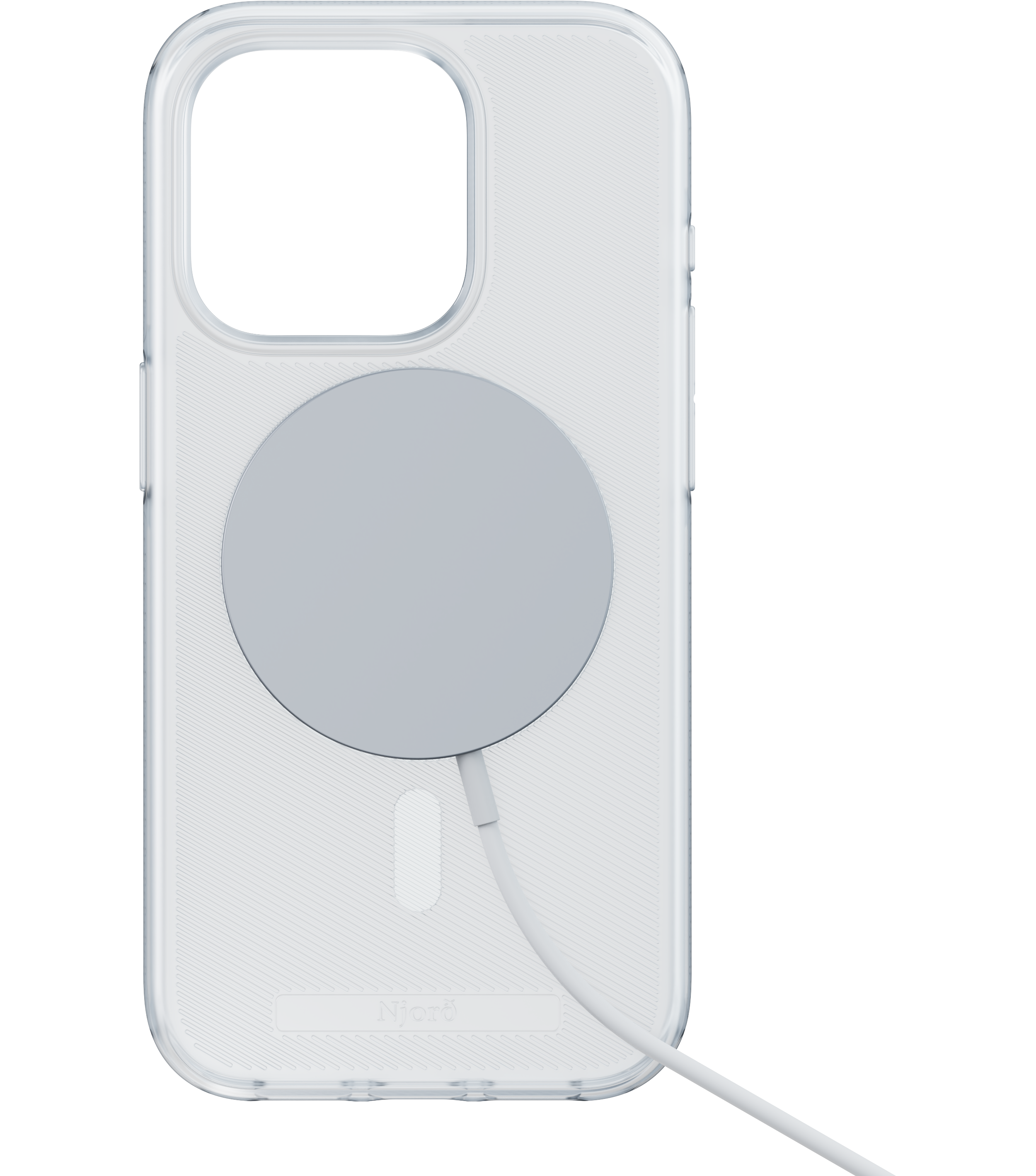 Custodia trasparente per telefono con un caricatore MagSafe circolare grigio, cavo bianco.