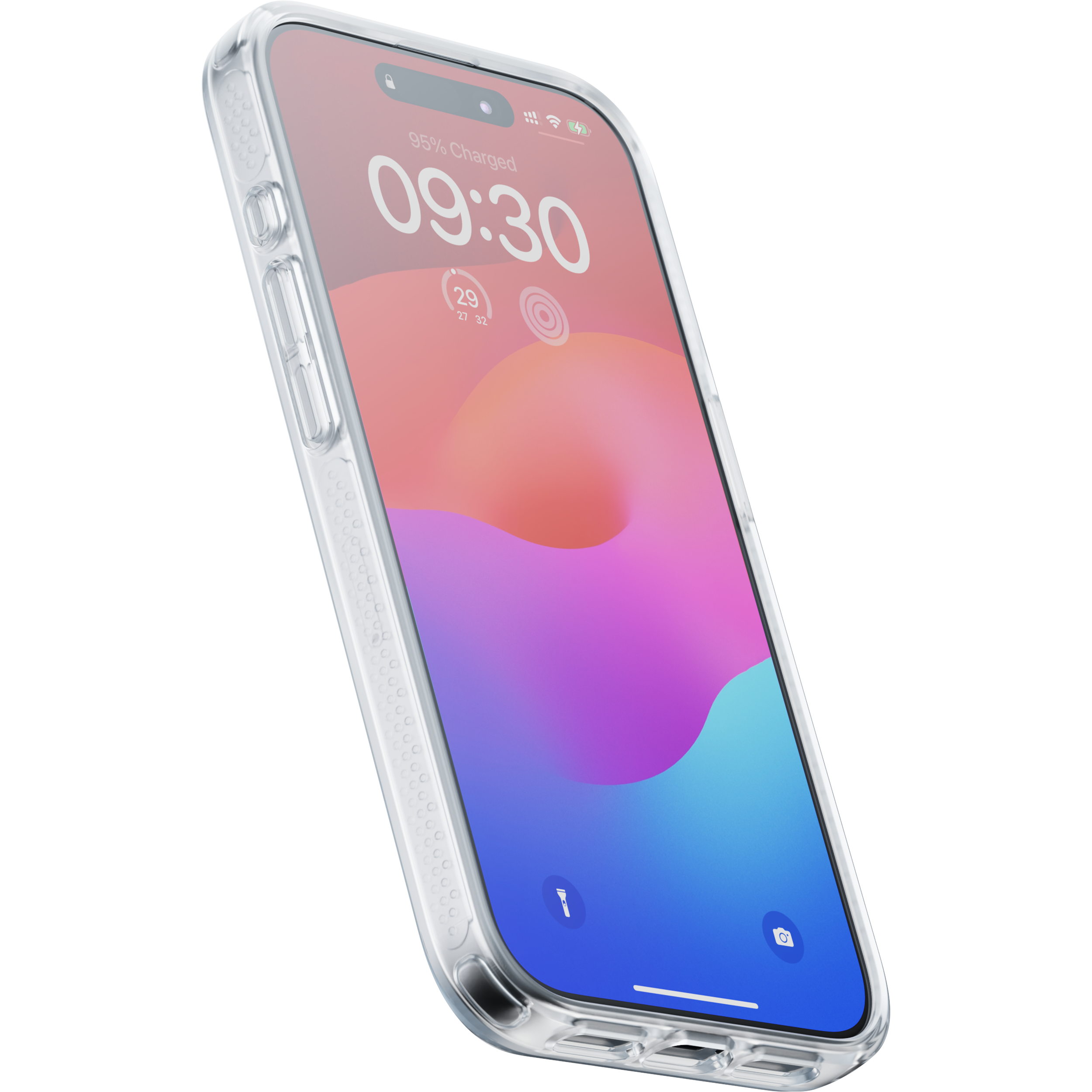 Una custodia trasparente per telefono su uno smartphone con schermo colorato, su sfondo nero.