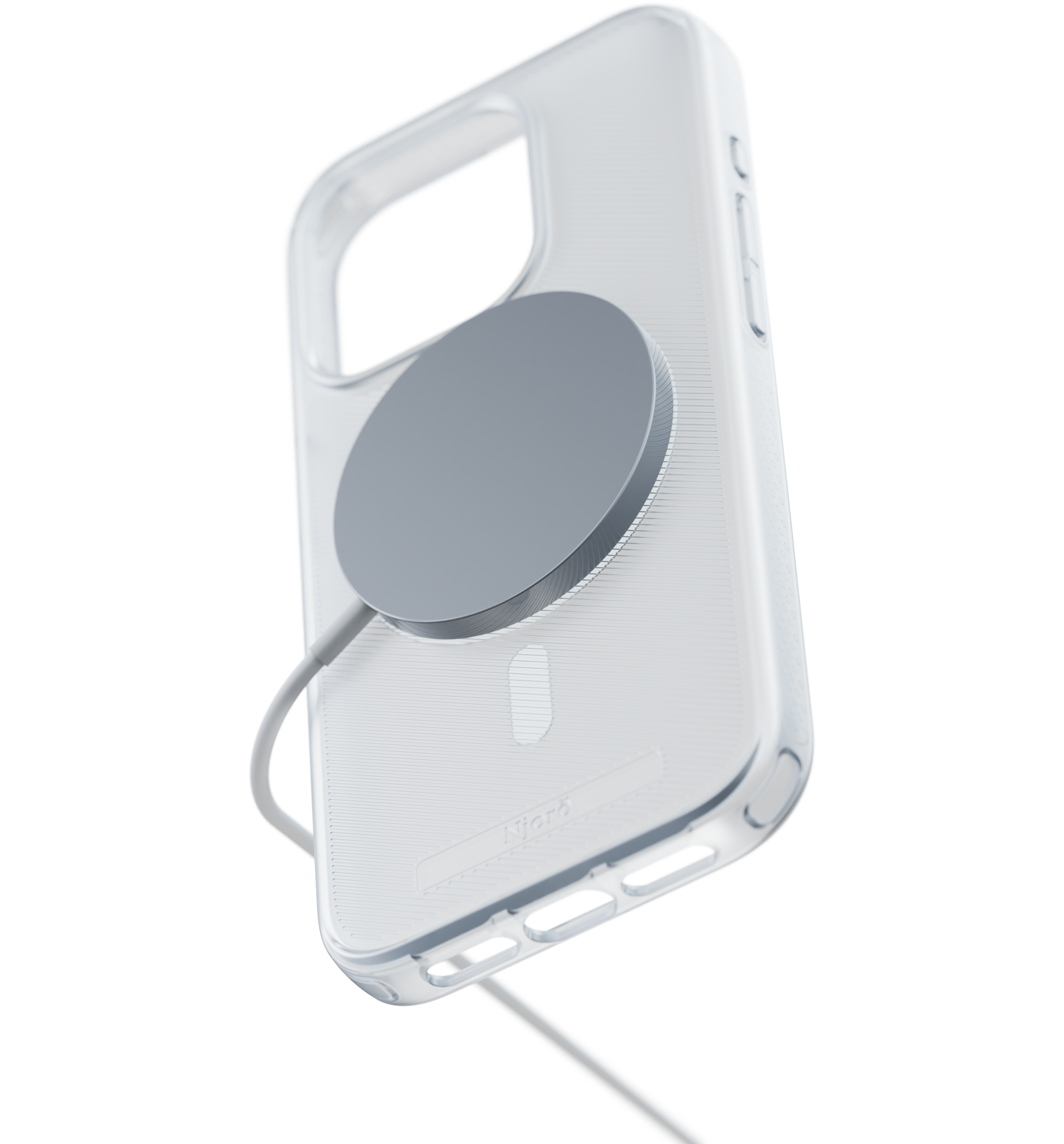 Custodia trasparente per telefono con caricatore MagSafe. Cerchio grigio attaccato.