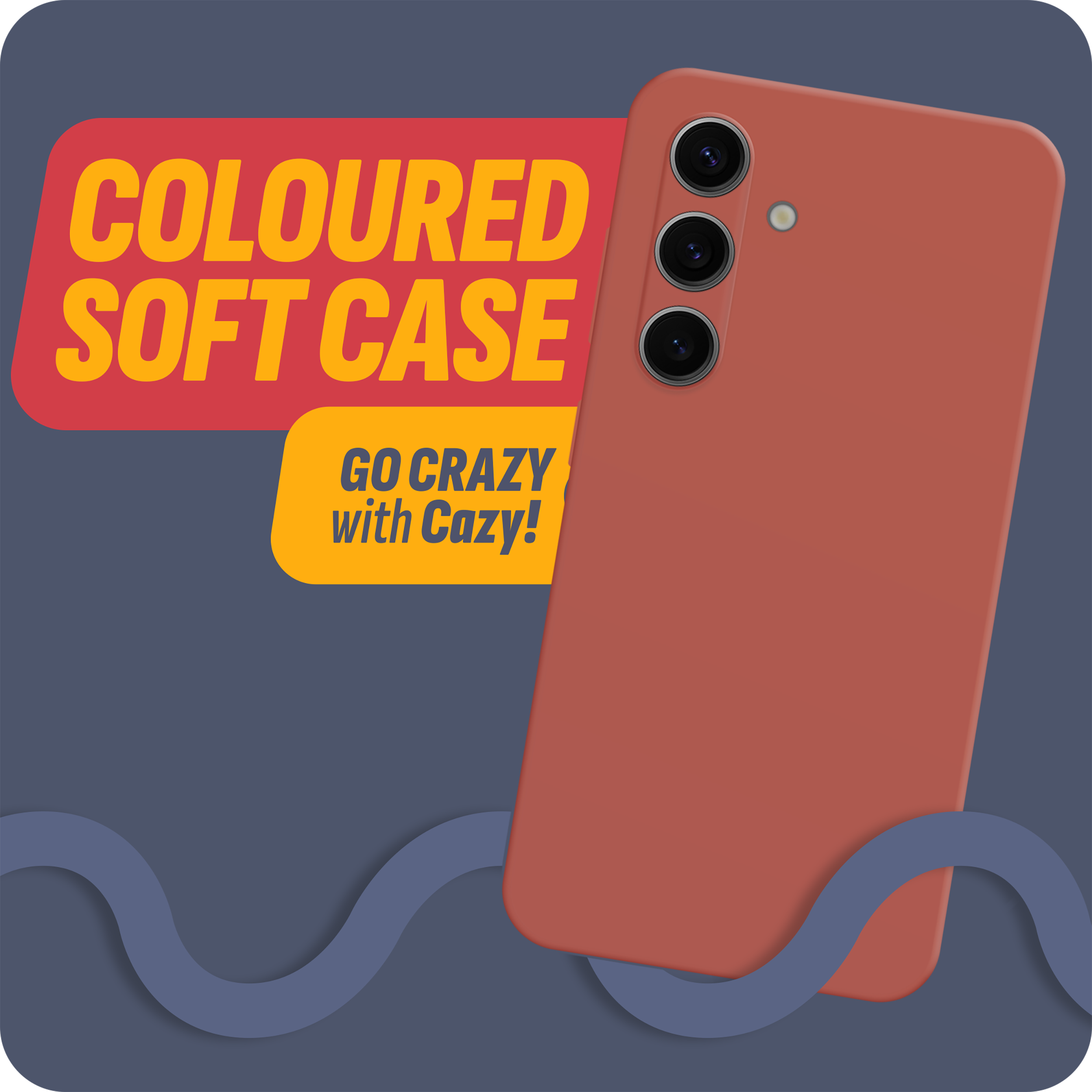 Eine rote Handyhülle mit drei Kameras. Text sagt "Coloured soft case" und "Go crazy with Cazy!".