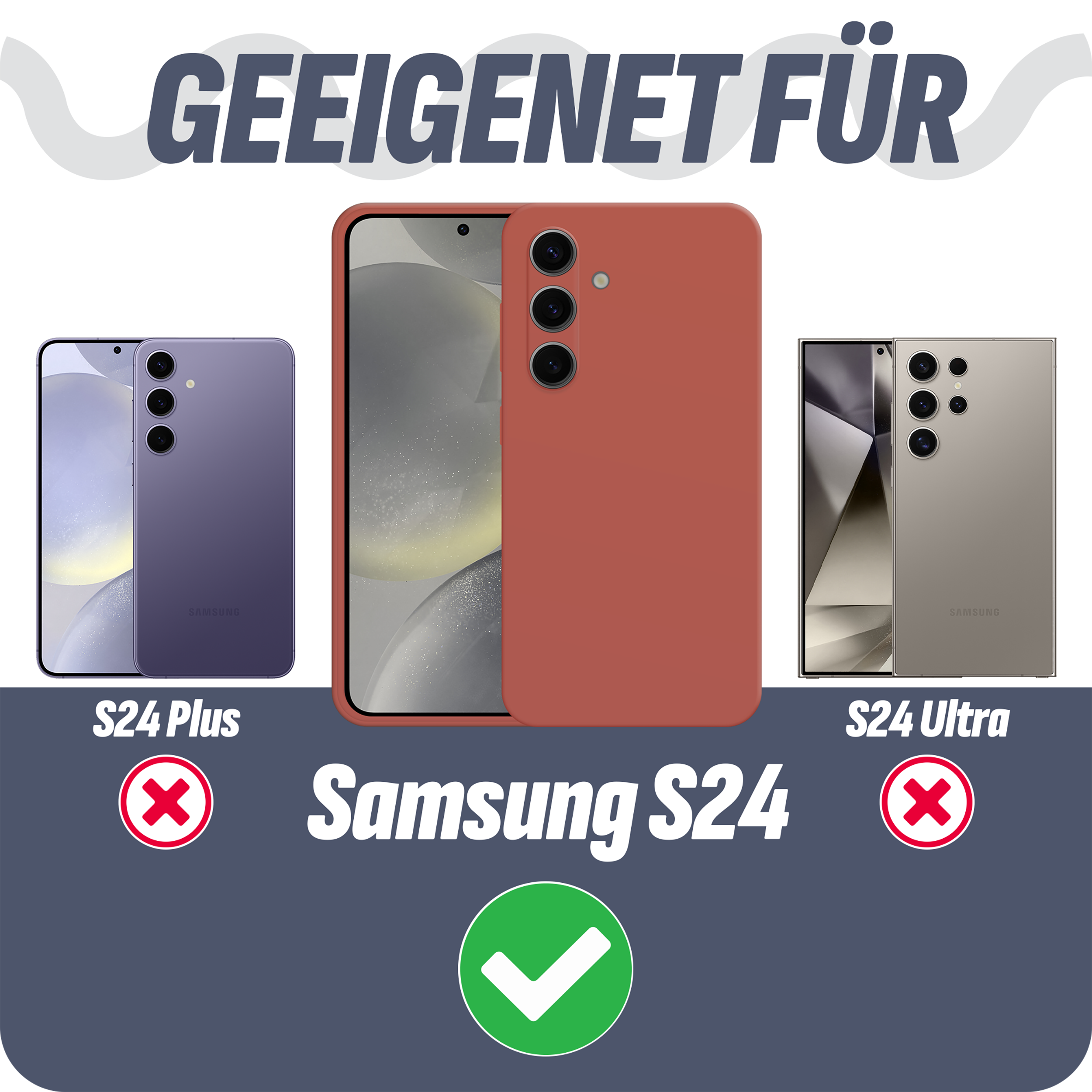 Das Bild zeigt Handys und eine Hülle. Der Text weist auf die Kompatibilität mit Samsung S24-Telefonen hin.