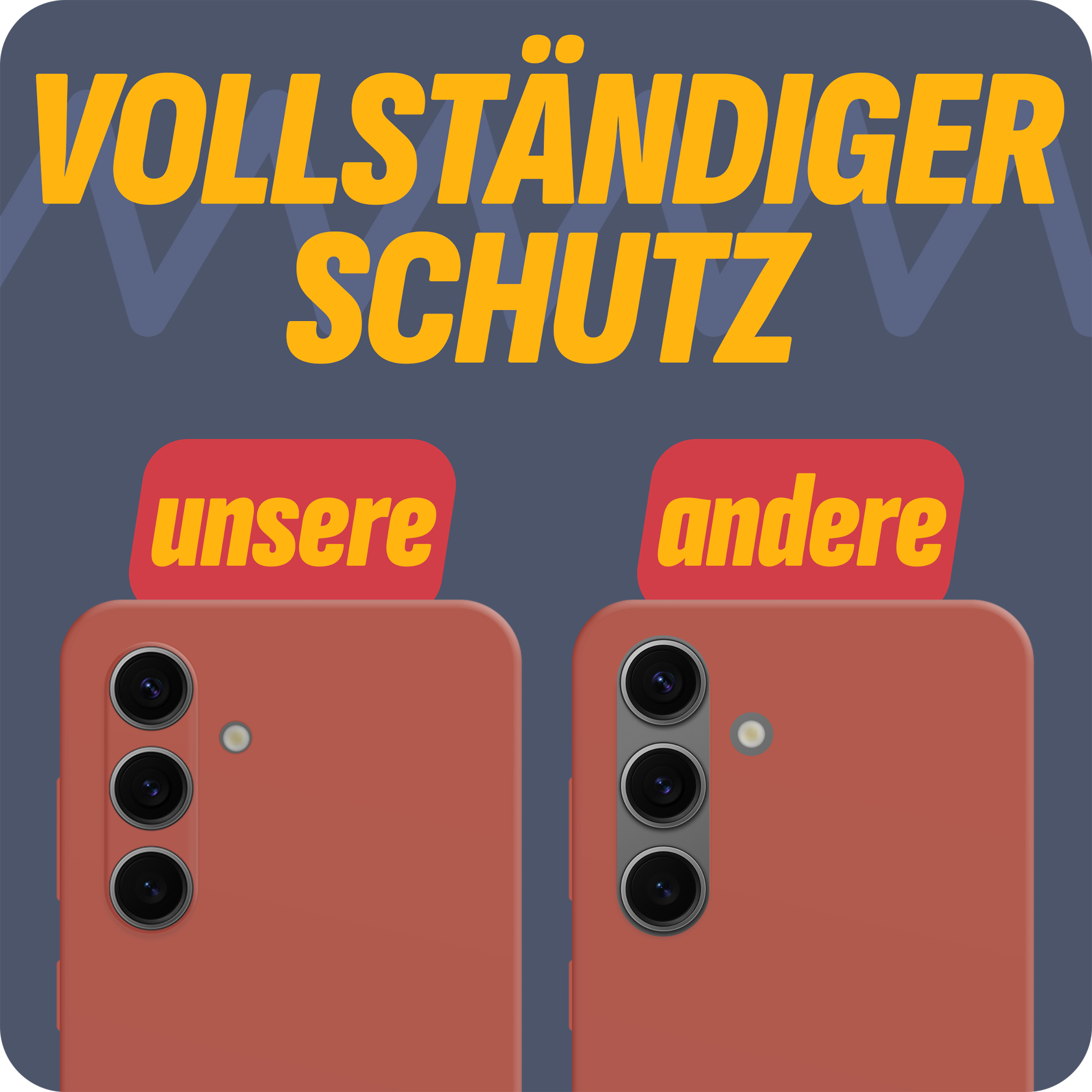 Zwei rote Telefone. Eines ist mit 'unsere' beschriftet, das andere mit 'andere'. Text oben lautet 'VOLLSTÄNDIGER SCHUTZ'.