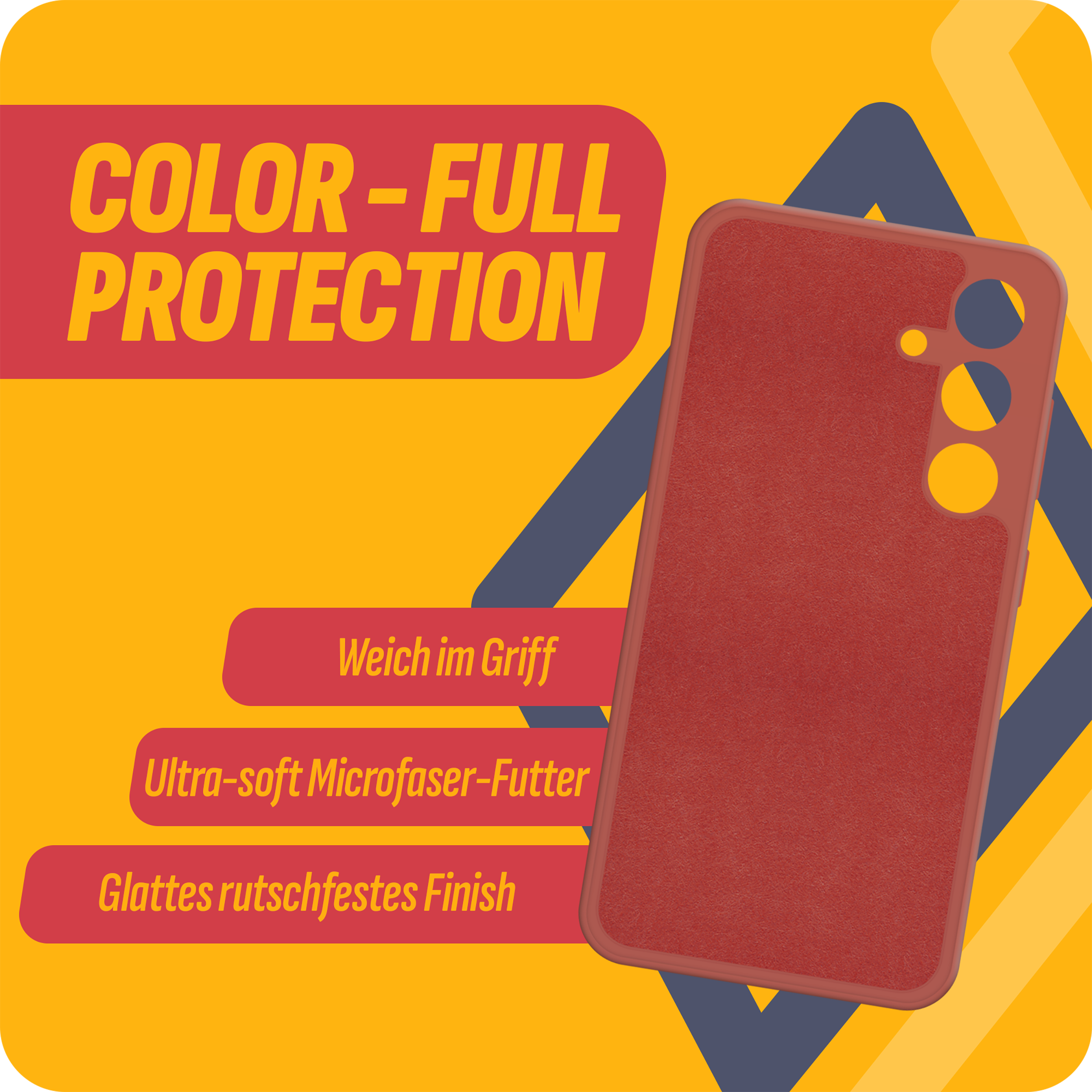 Rote Handyhülle mit Text: Color-Full Protection. Eigenschaften: Weicher Griff, Mikrofaser, glattes Finish.