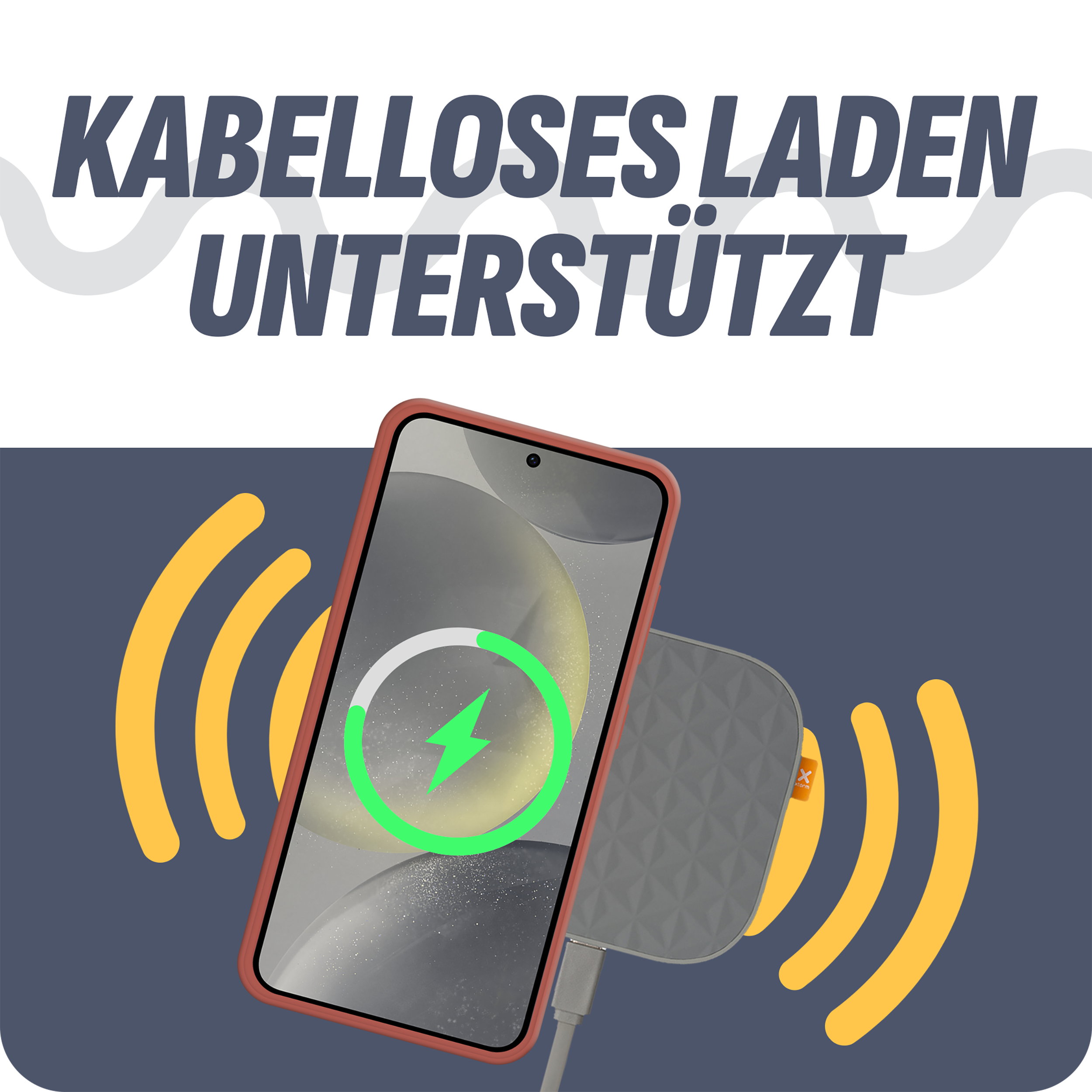 Telefon lädt kabellos. Der Text lautet 'KABELLOSES LADEN UNTERSTÜTZT'.
