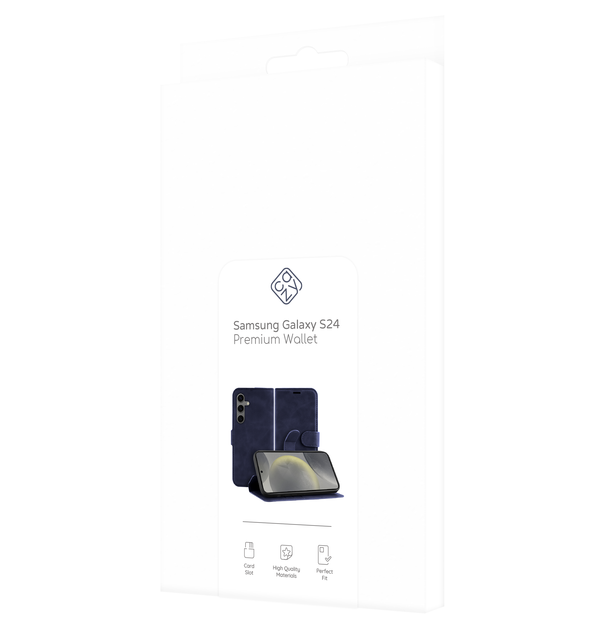 Eine weiße Produktbox für ein Samsung Galaxy S24 Premium Wallet. Die Box zeigt ein Bild der Handyhülle.