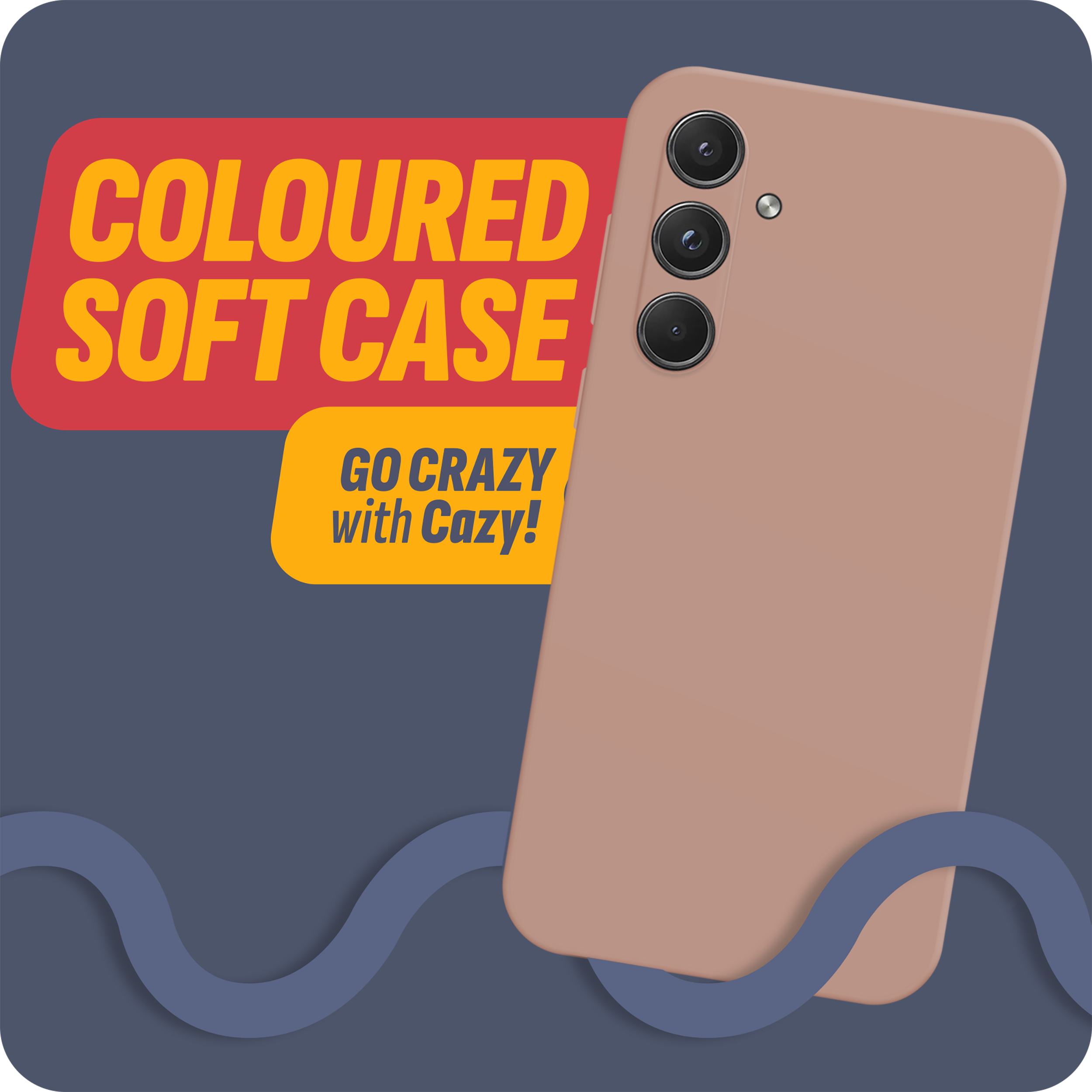 Eine pinkfarbene Handyhülle mit drei Kameralinsen. Text: Coloured Soft Case, Go Crazy with Cazy!