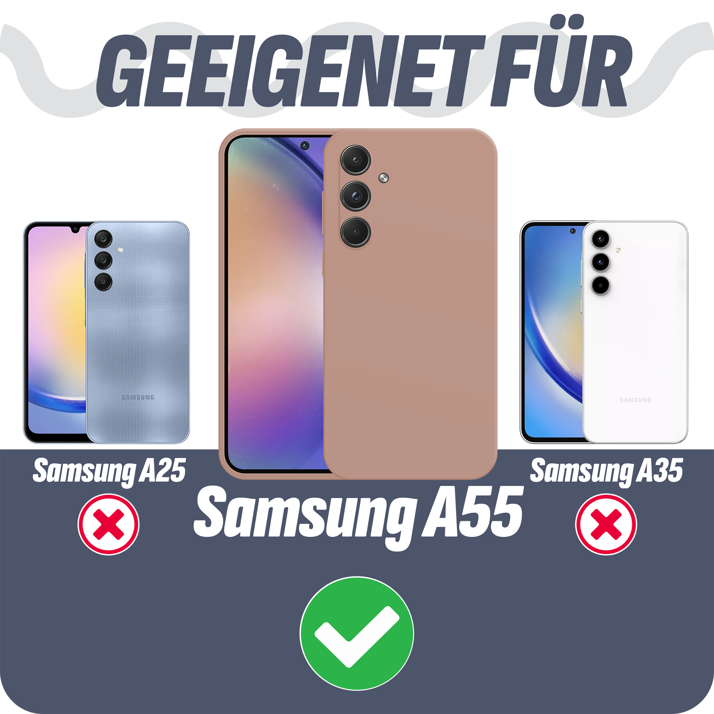 Handyhüllen und Handys: Samsung A55, A35 und A25. Haken für A55.