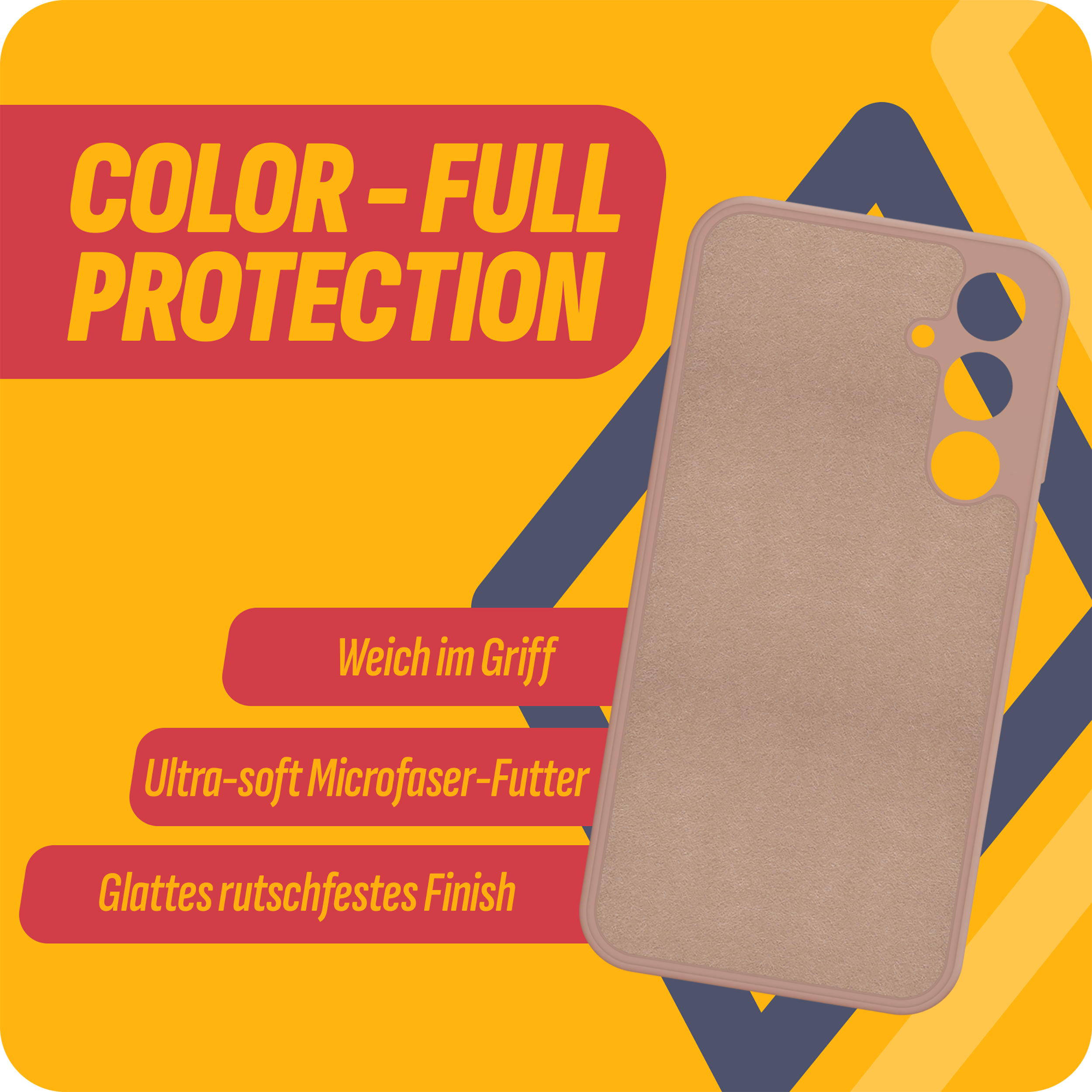 Eine Handyhülle in einer Schutzhülle, mit Text: 'COLOR-FULL PROTECTION'. Der Hintergrund ist gelb.