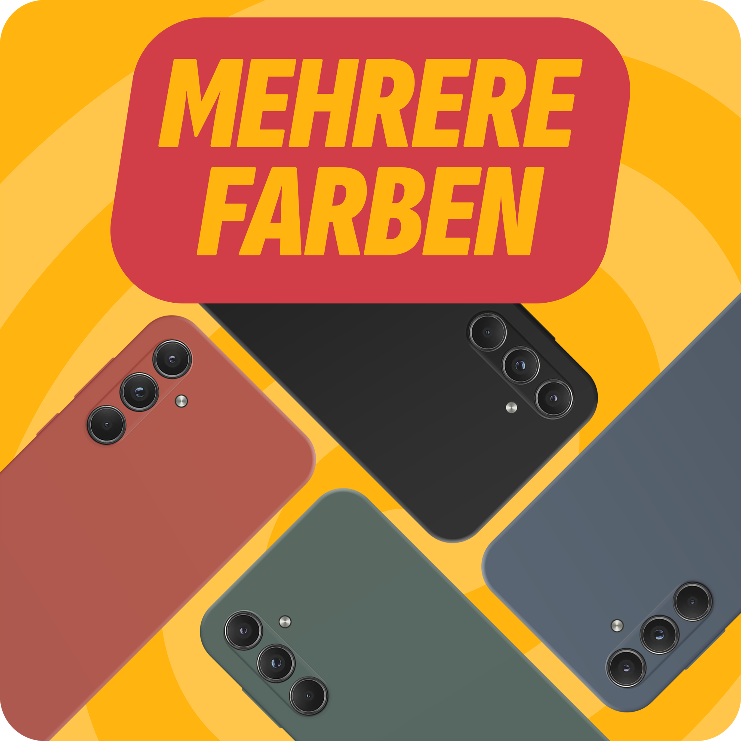 Vier Telefone in verschiedenen Farben auf gelbem Hintergrund. Text oben auf dem Bild.