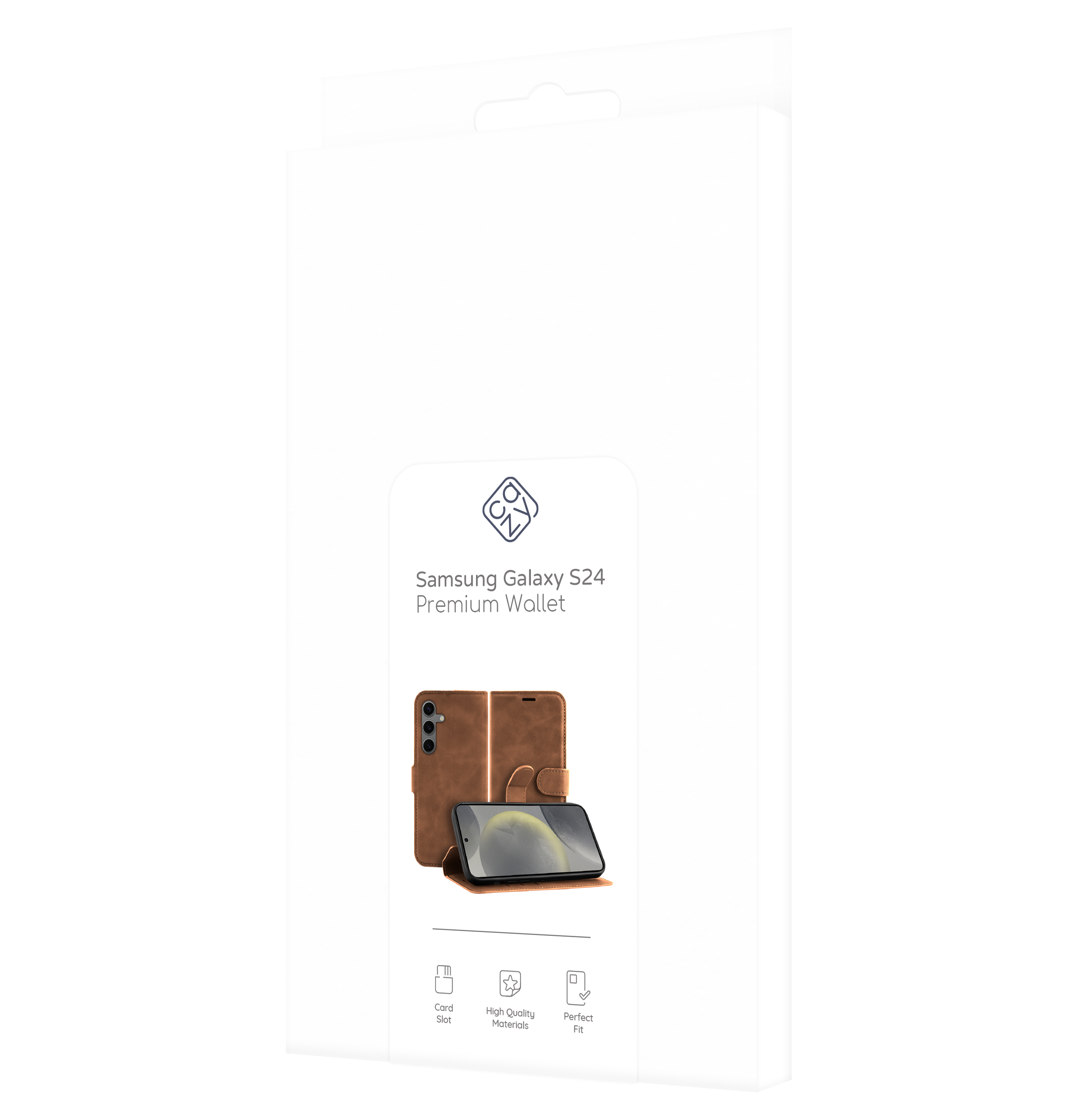 Handyhüllenverpackung. Weiße Box mit Handyhüllenbild und Produktdetails.