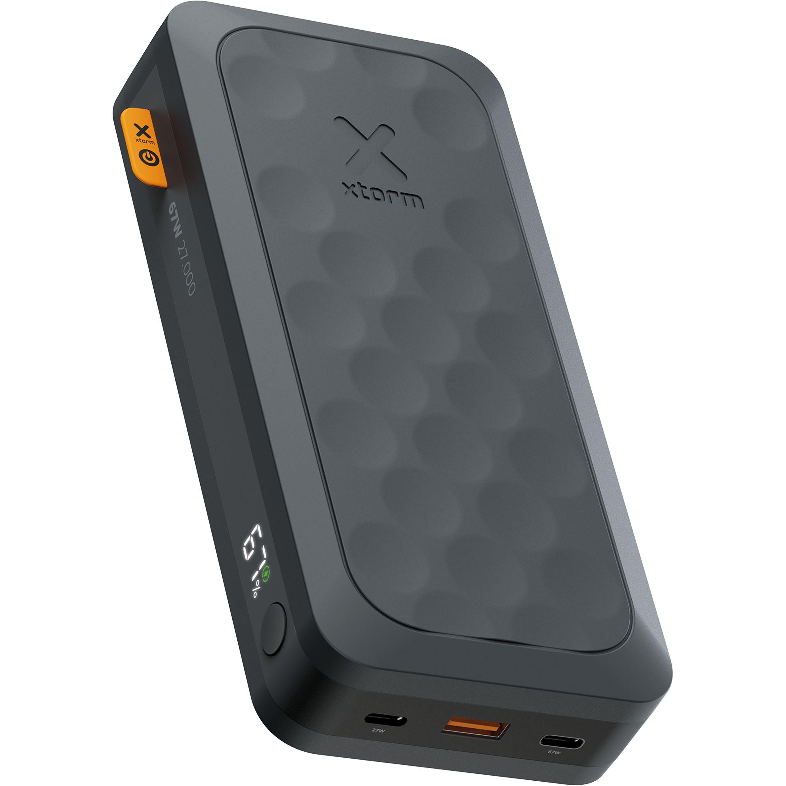 Schwarze und graue Powerbank mit orangefarbener Taste.