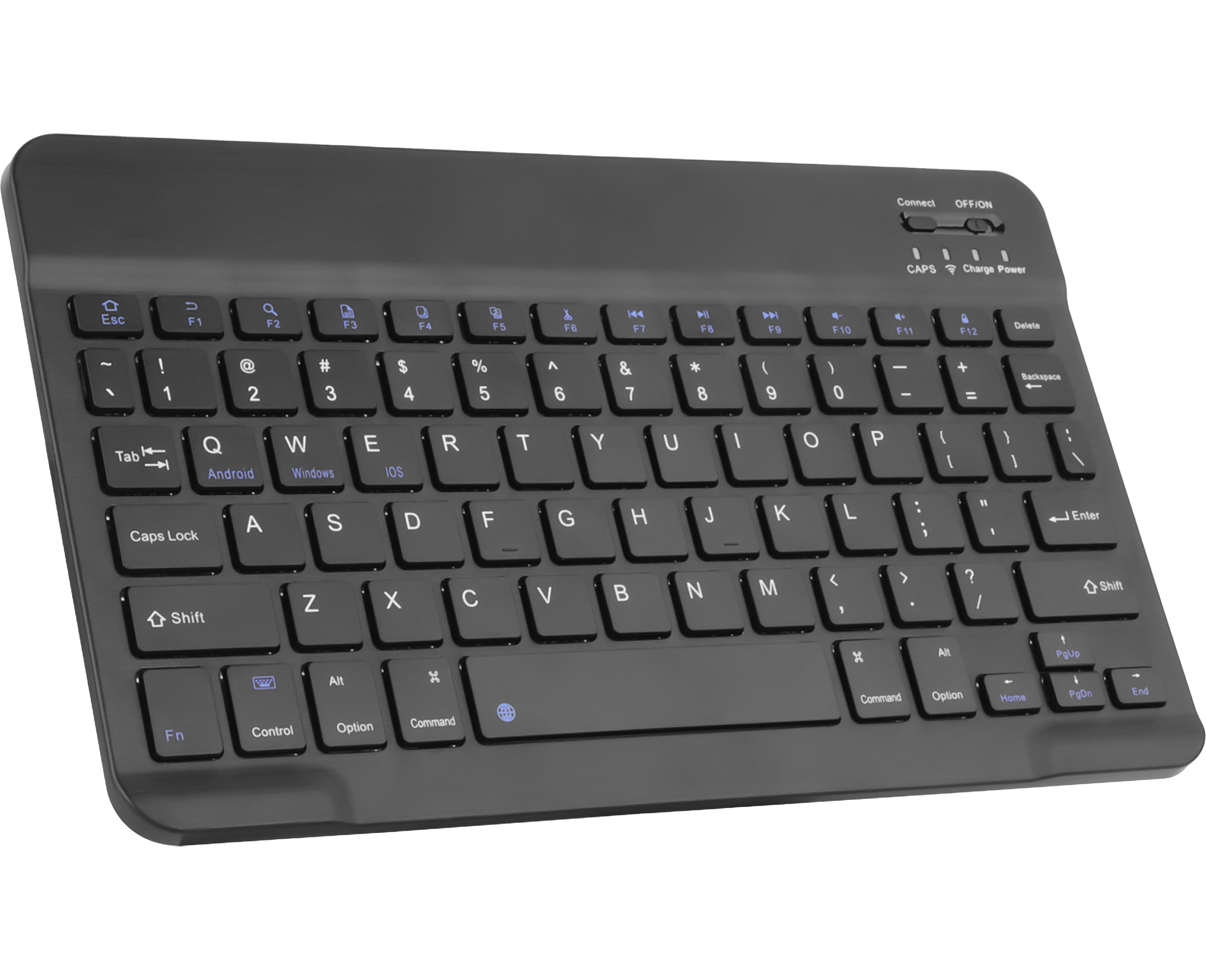 Schwarze Tastatur mit blauen Tastenkappen. Weißer Hintergrund.
