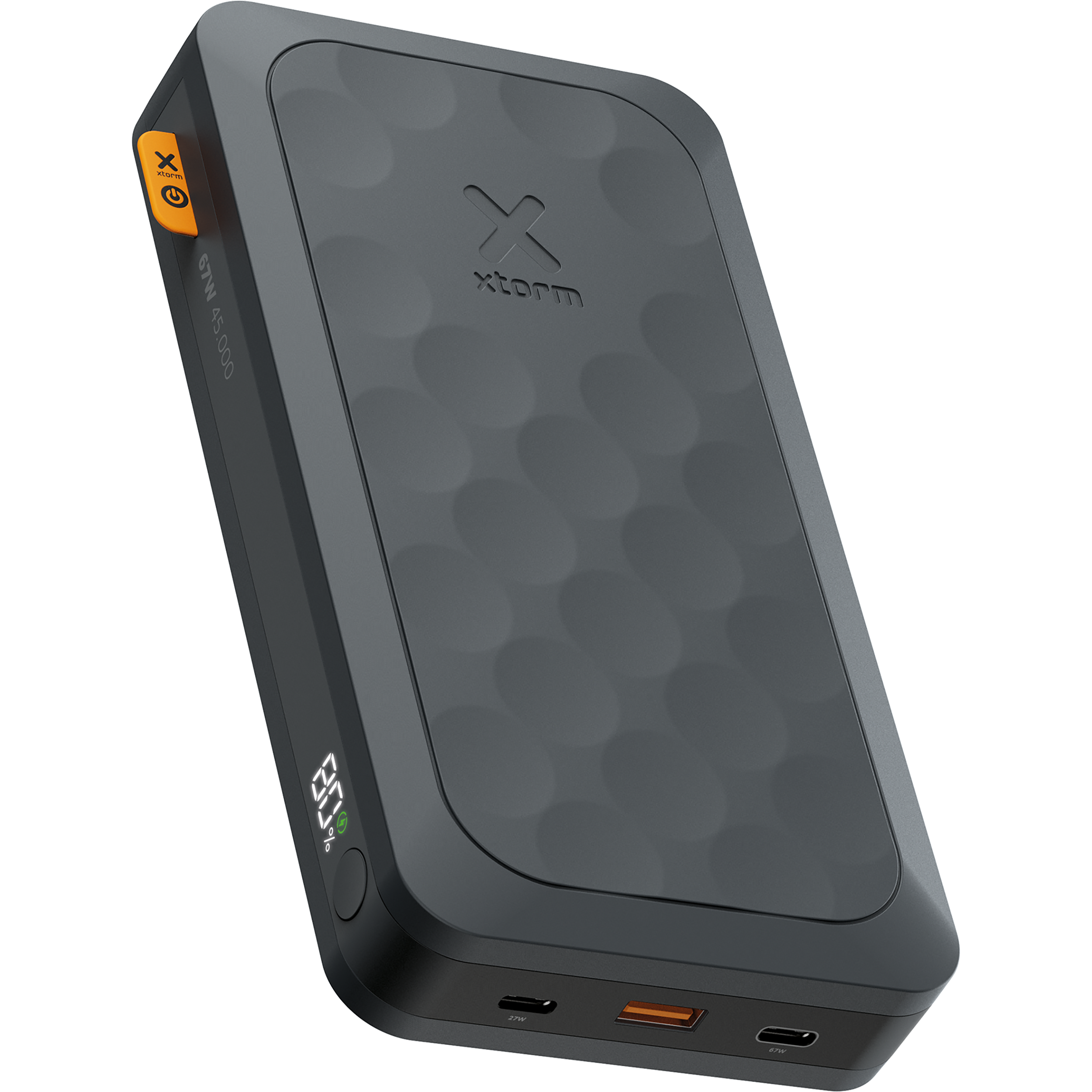 Schwarze Powerbank mit strukturierter Oberfläche. Zeigt einen Prozentsatz und hat einen Ladeanschluss.