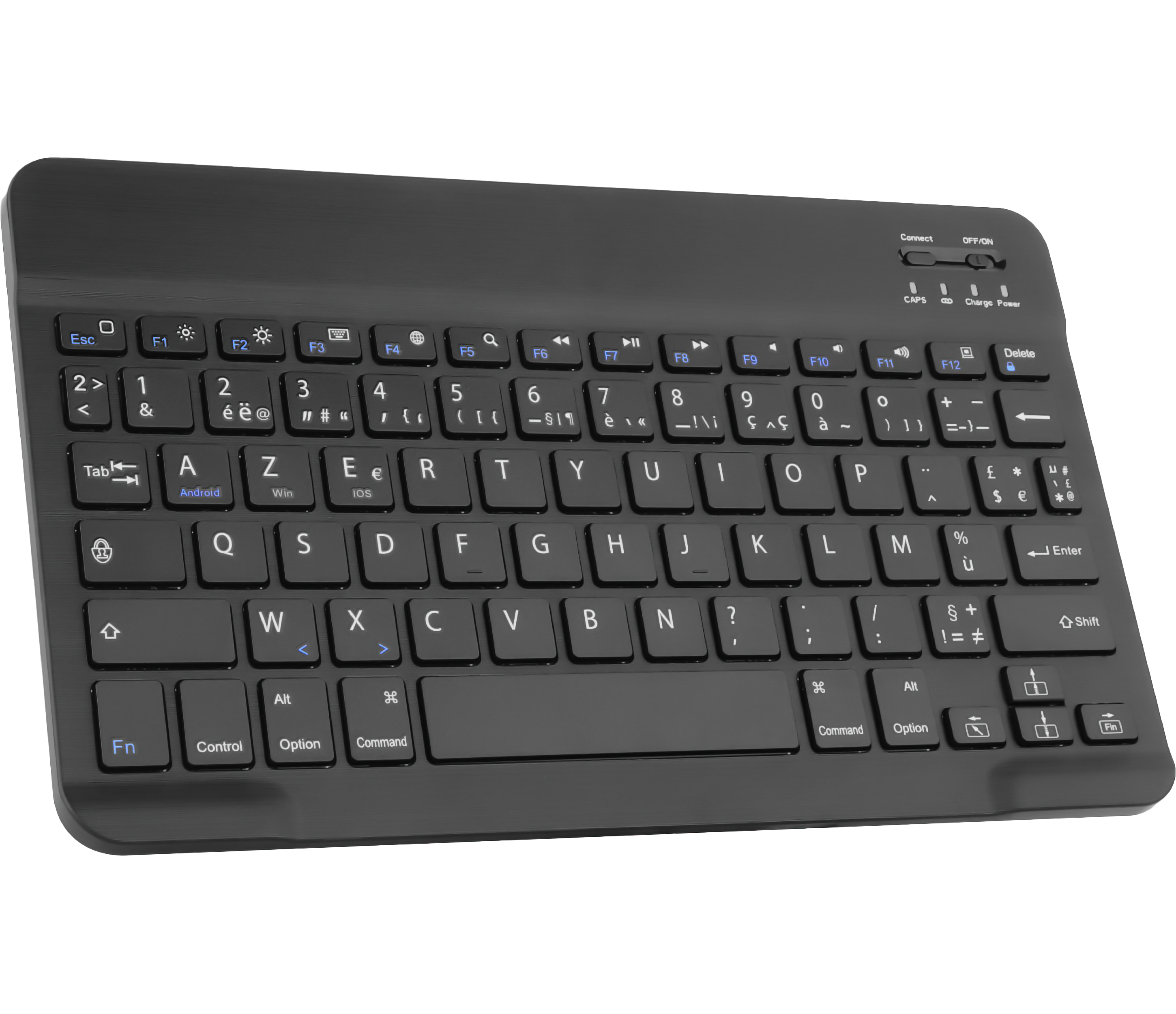 Schwarze Tastatur mit vielen Tasten. Die Tasten sind auf Englisch und anderen Sprachen beschriftet.