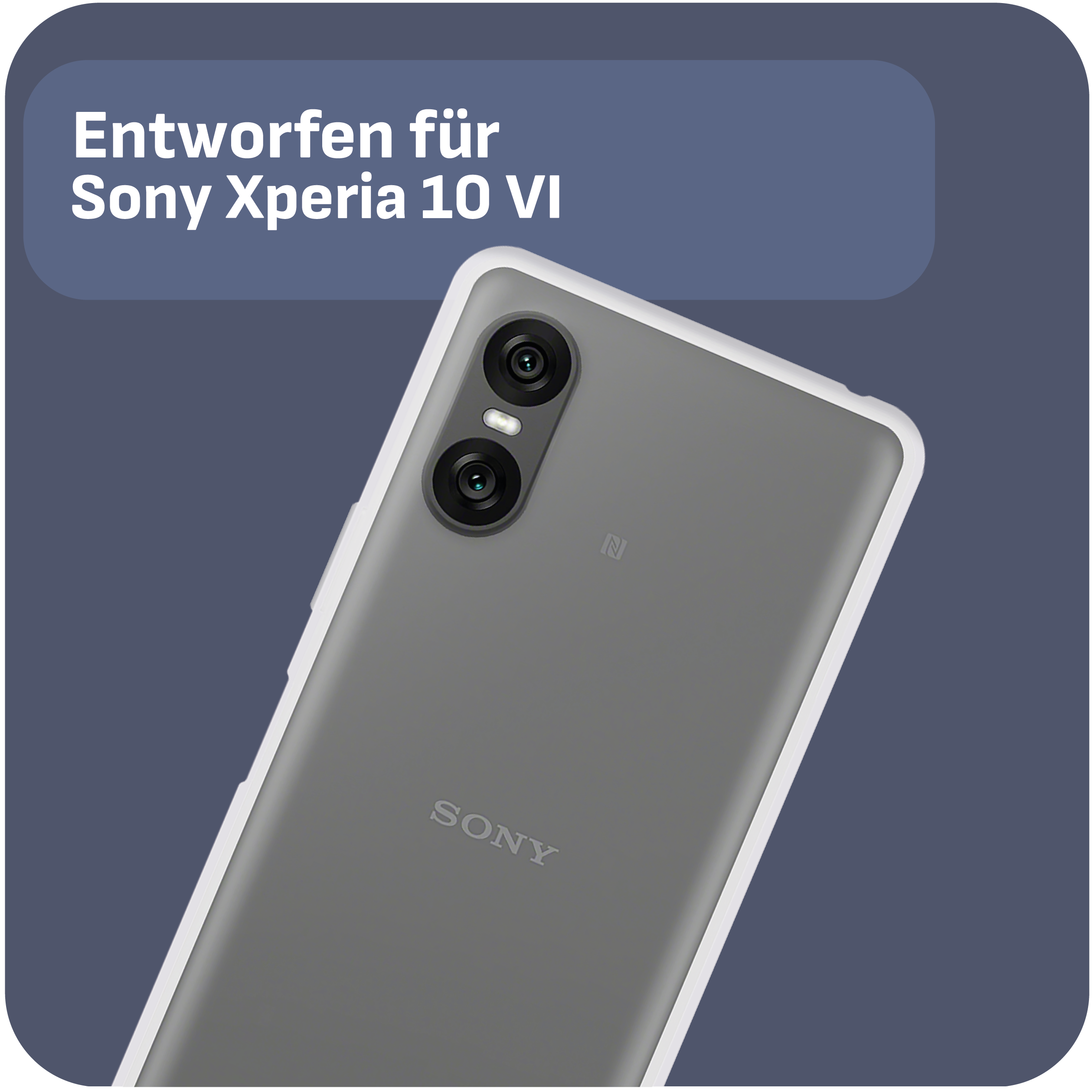 Eine Smartphone-Rückseite. Sie ist grau und hat einen weißen Rand. Der Markenname ist SONY.