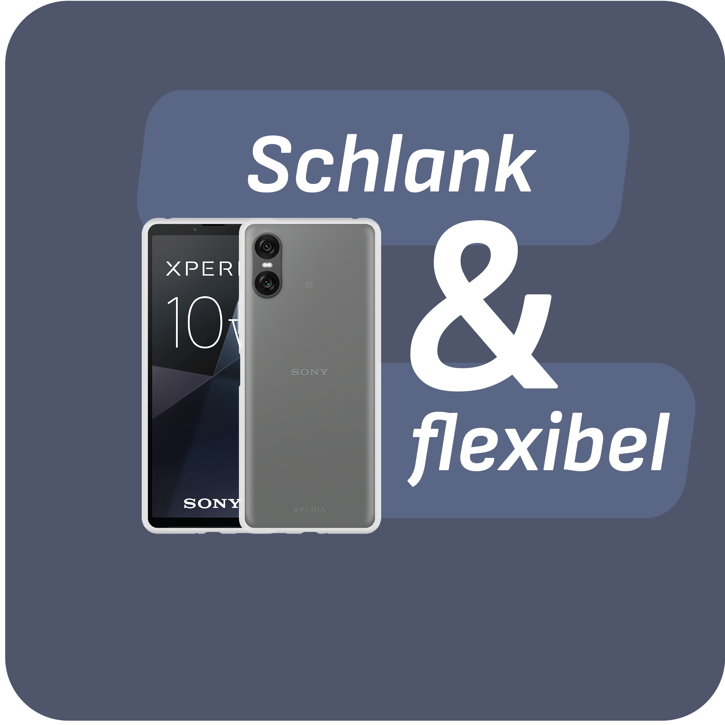 Zwei Smartphones mit den Worten 'Schlank & flexibel' auf blauem Grund.