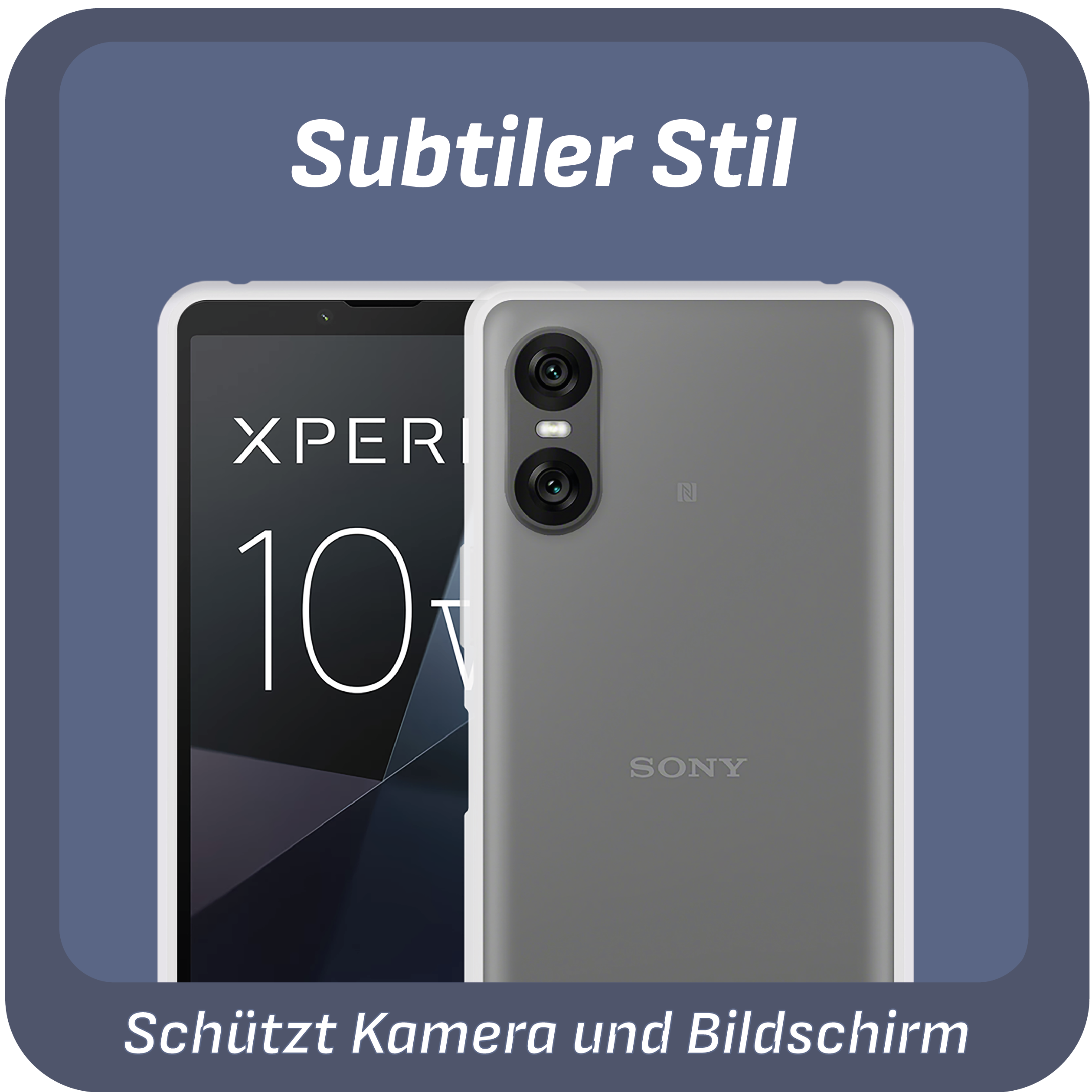 Telefon in Hülle, nebeneinander. Text: Schützt Kamera und Bildschirm.