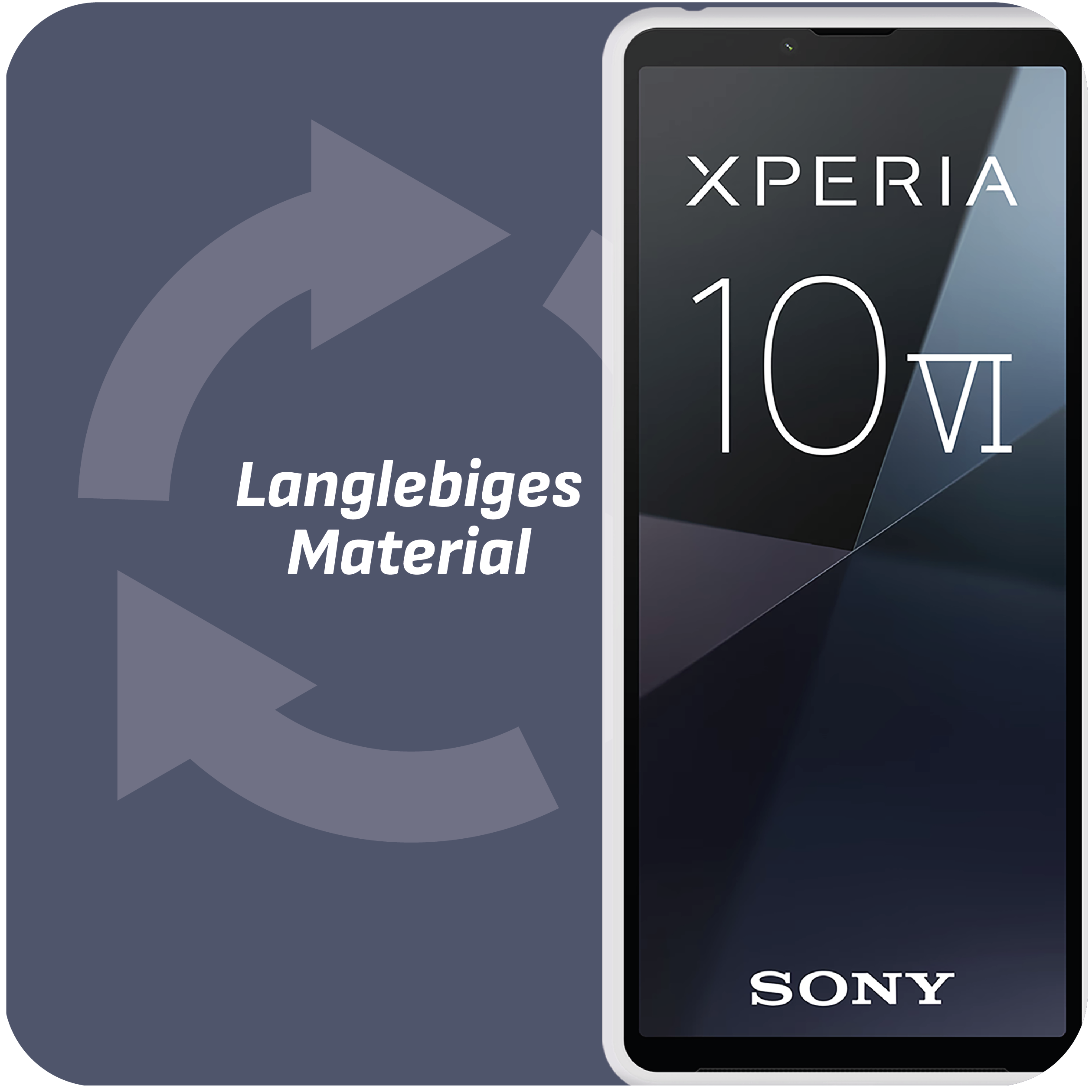 Xperia 10 VI Telefon mit Text: Langebiges Material und Sony Logo.