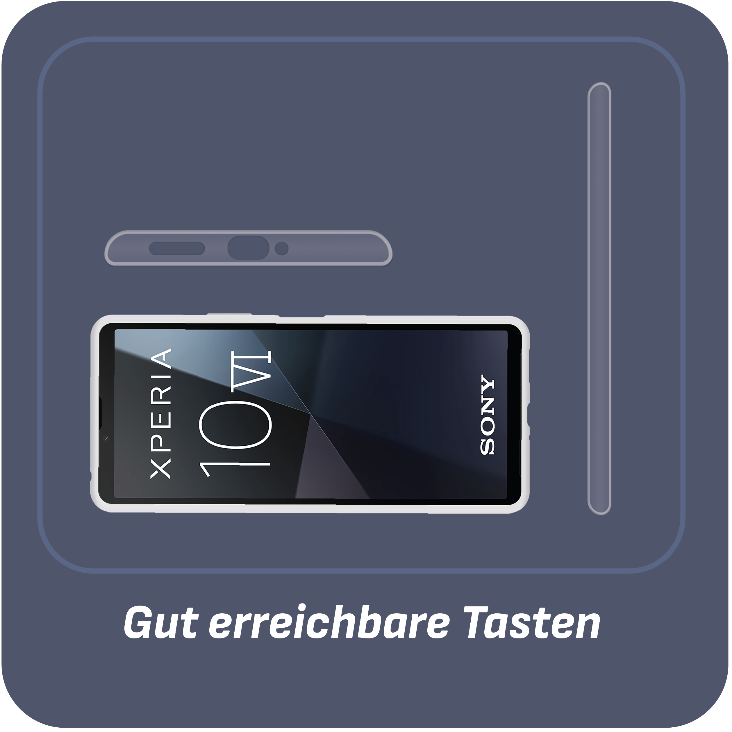 Handyhülle mit Telefon. Text: Gut erreichbare Tasten. Blauer Hintergrund mit Hüllenkontur.