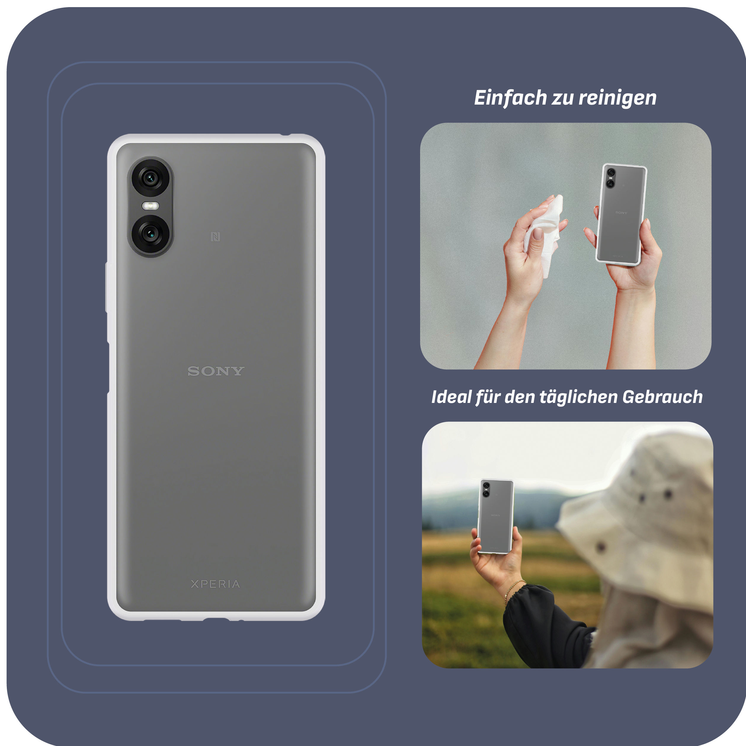 Ein Telefon in einer Hülle mit Rückseite. Das Telefon wird mit einem Bildschirm und zwei Kameras gezeigt.