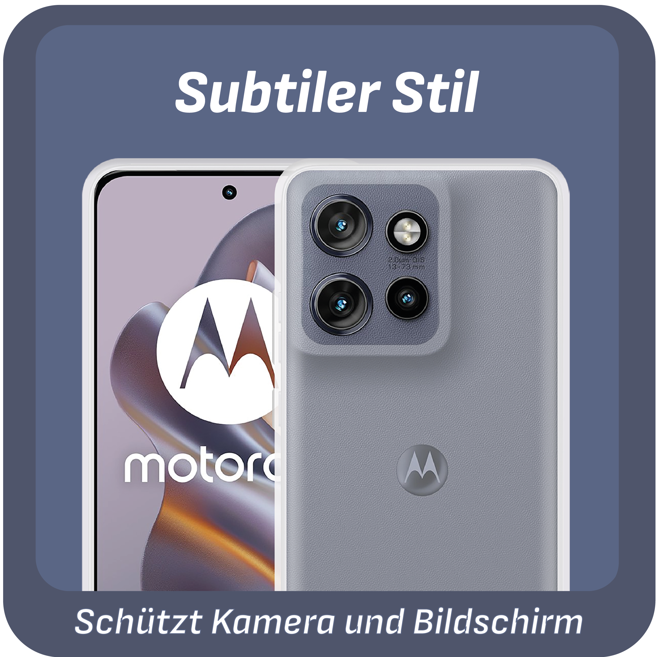 Graues Smartphone mit drei Kameralinsen und Motorola-Logo auf weißem Hintergrund.