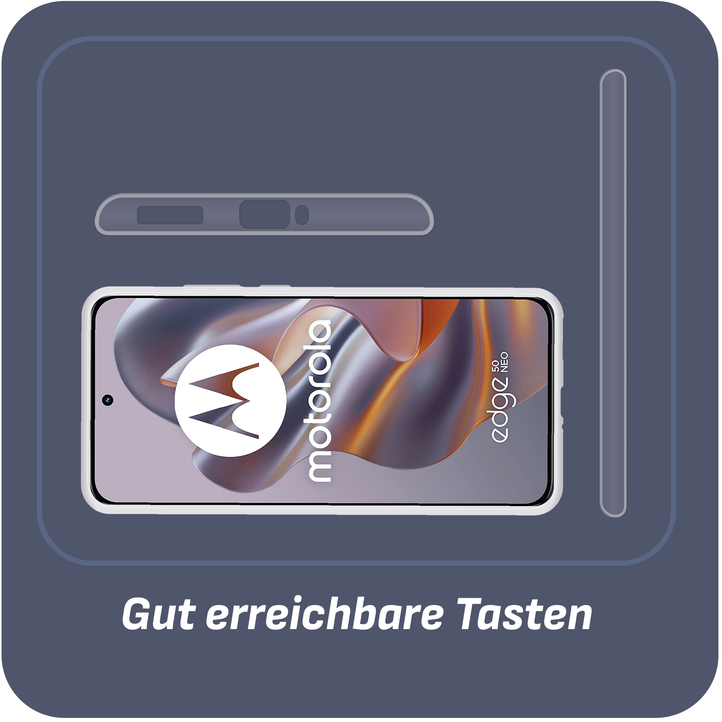 Motorola-Telefon in einer Hülle, mit Text und Umrissen. Blauer Hintergrund mit Text.