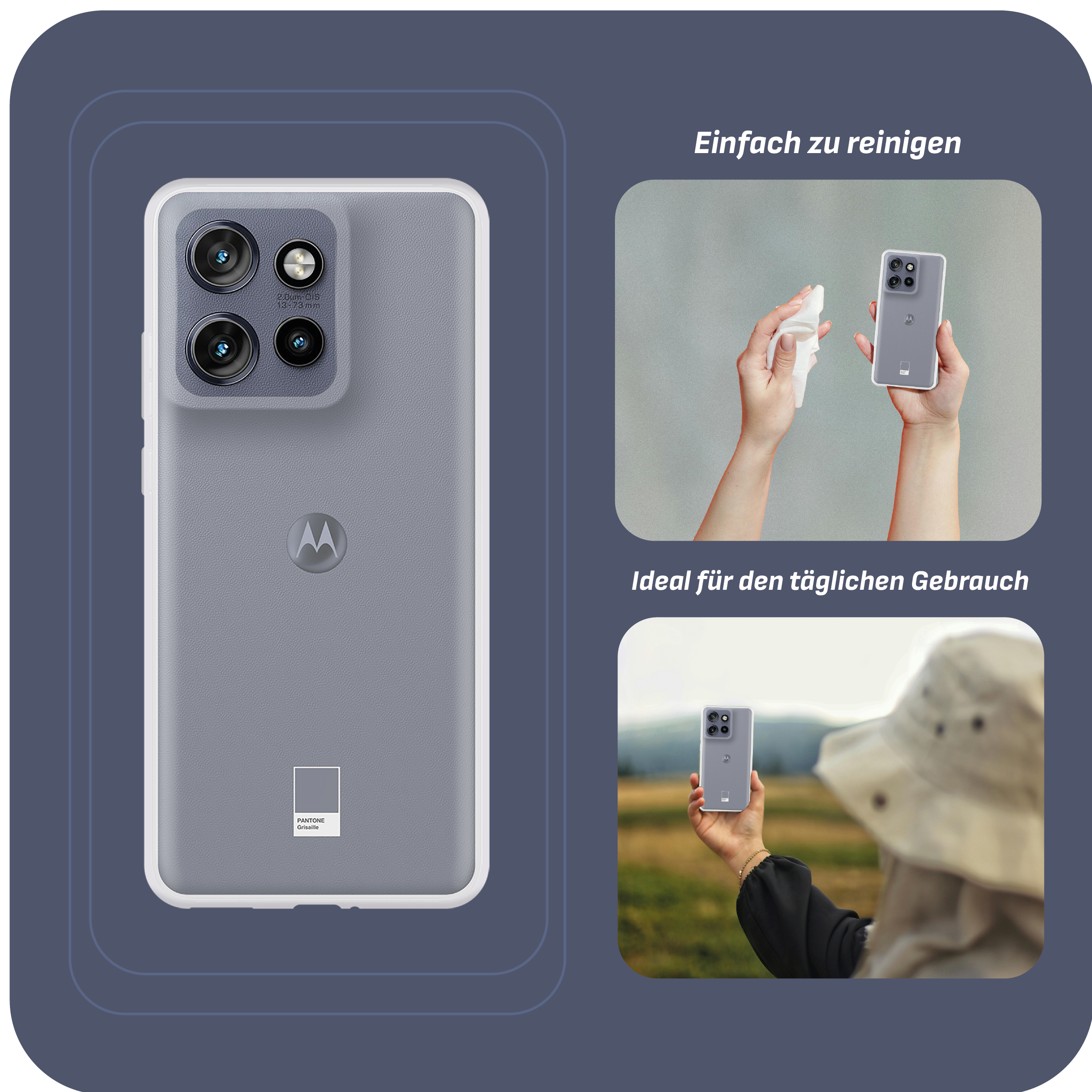 Graues Telefon mit Dreifach-Kamera mit weißer Hülle, neben Bildern von Reinigung und Verwendung.