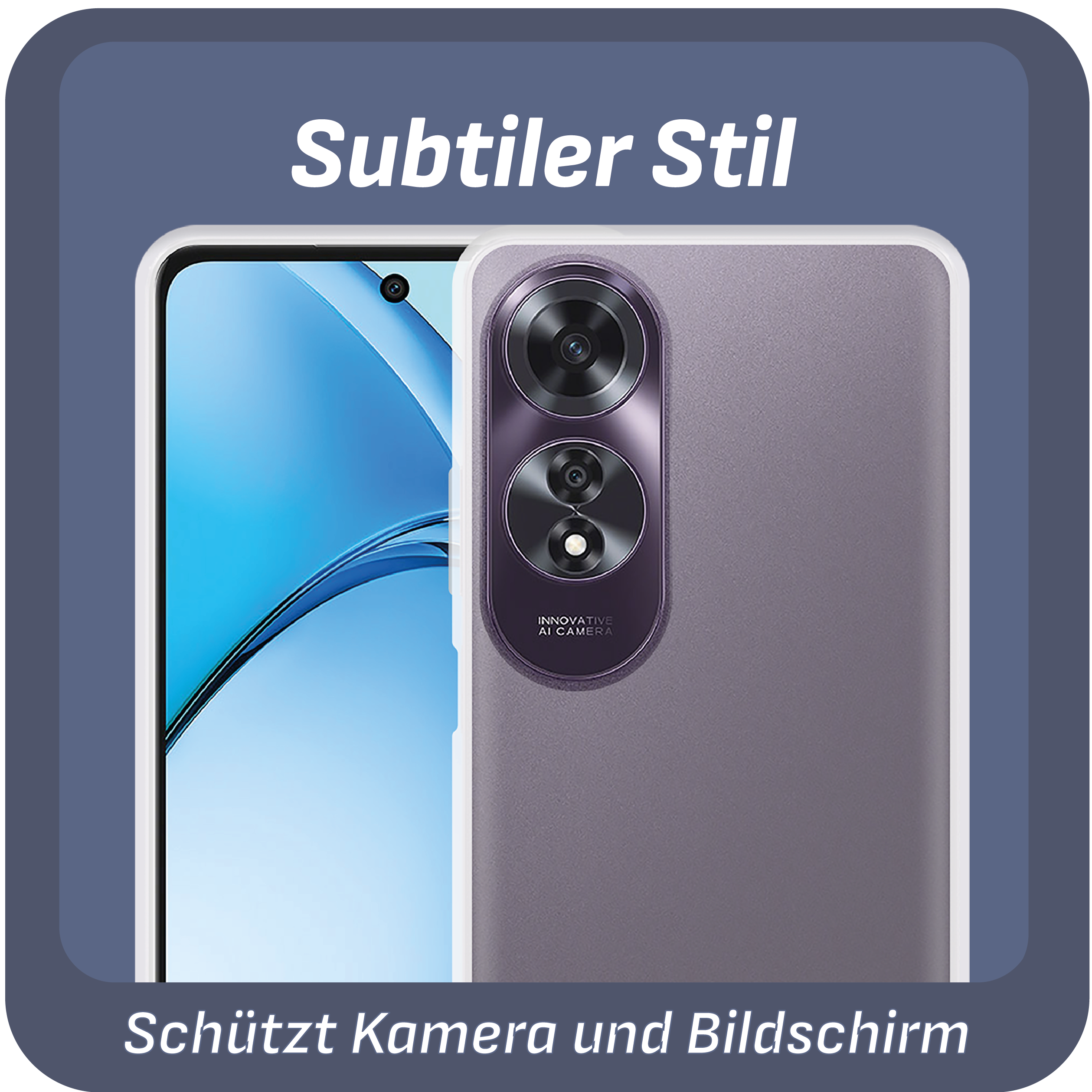 Eine Handyhülle, die Kamera und Bildschirm schützt. Sie hat eine violette Rückseite und das Telefon ist weiß.
