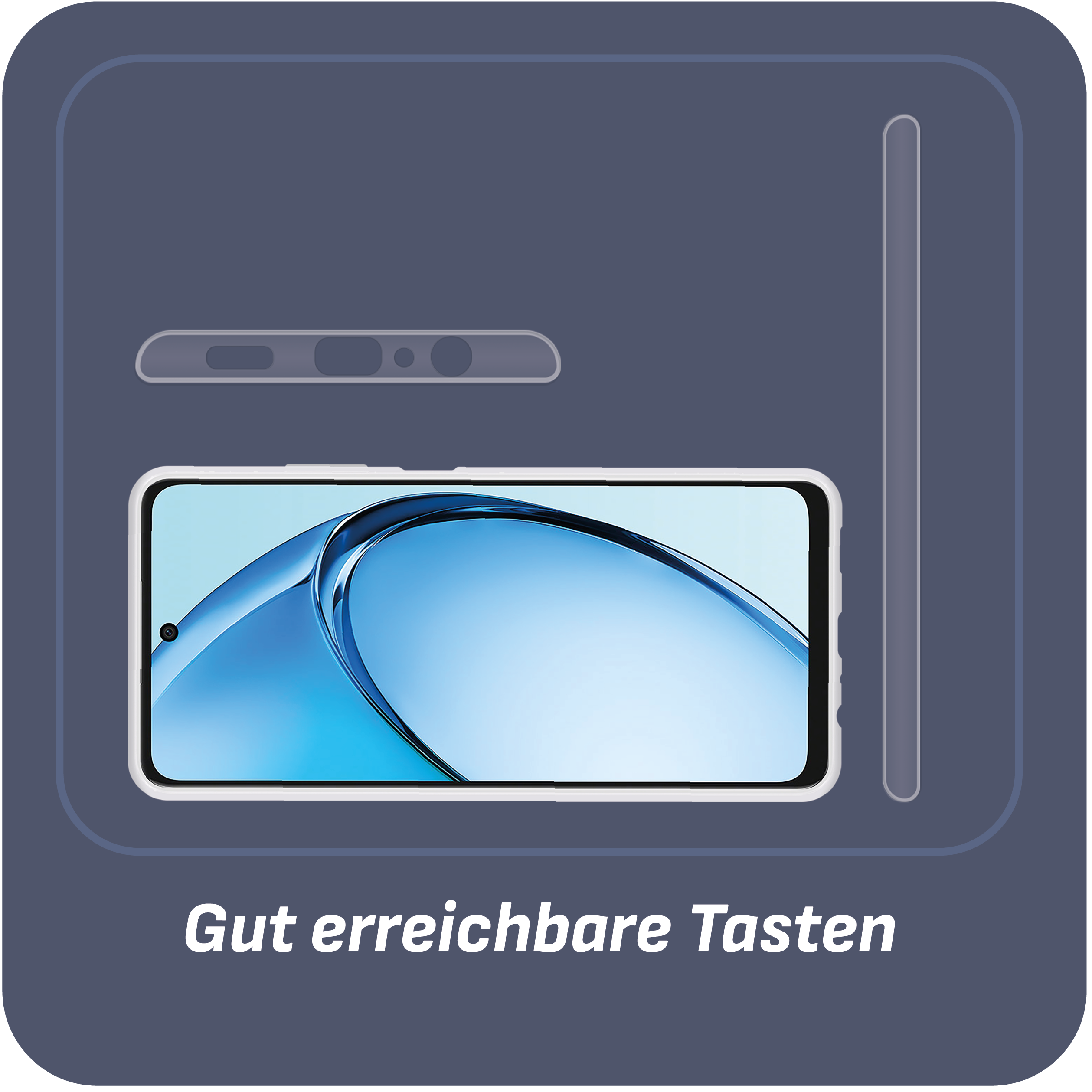 Handyhülle über einem Telefon. Die Hülle ist weiß und das Telefon hat einen eingeschalteten Bildschirm.