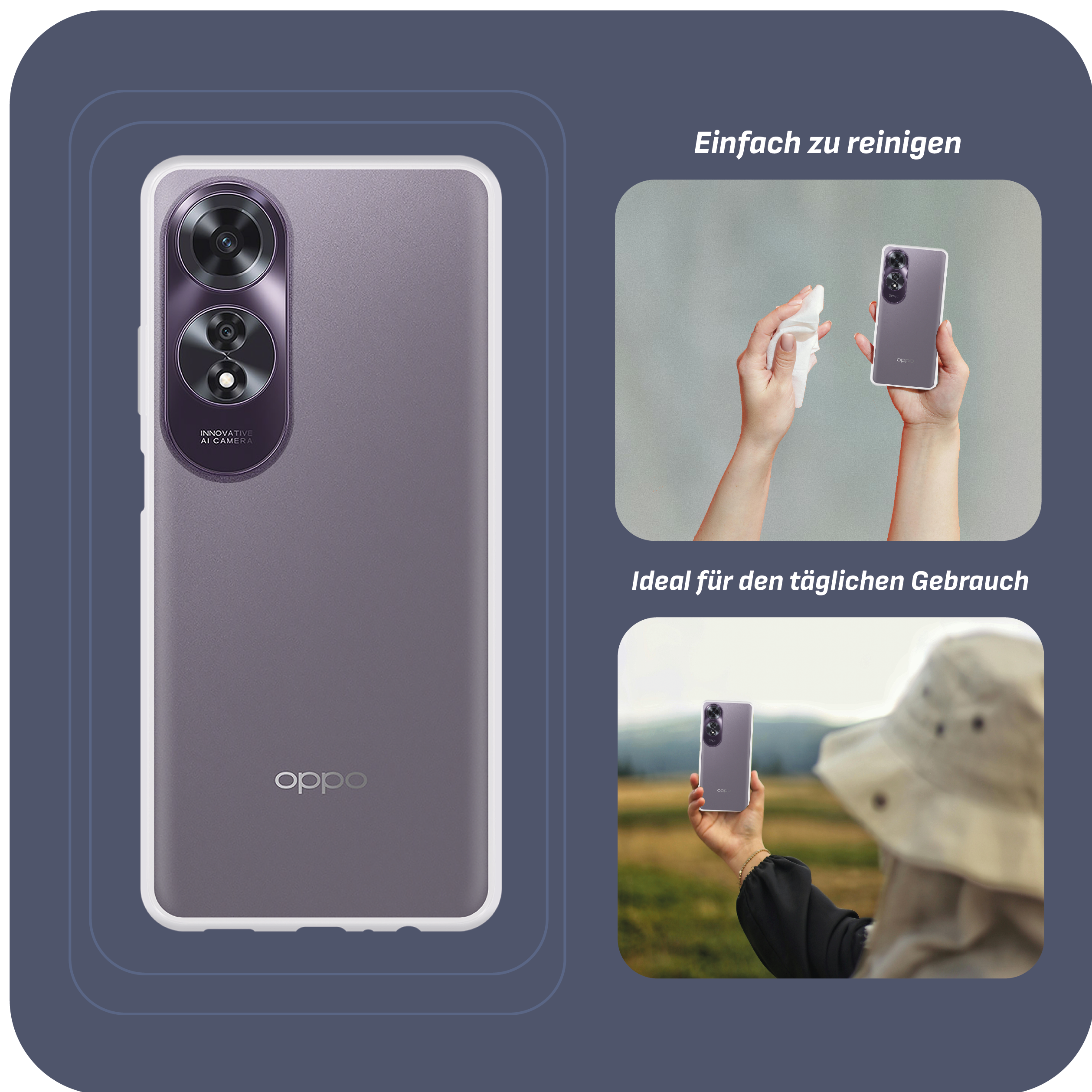 Lila Telefon mit Text und Bildern, die Reinigung und Verwendung zeigen.