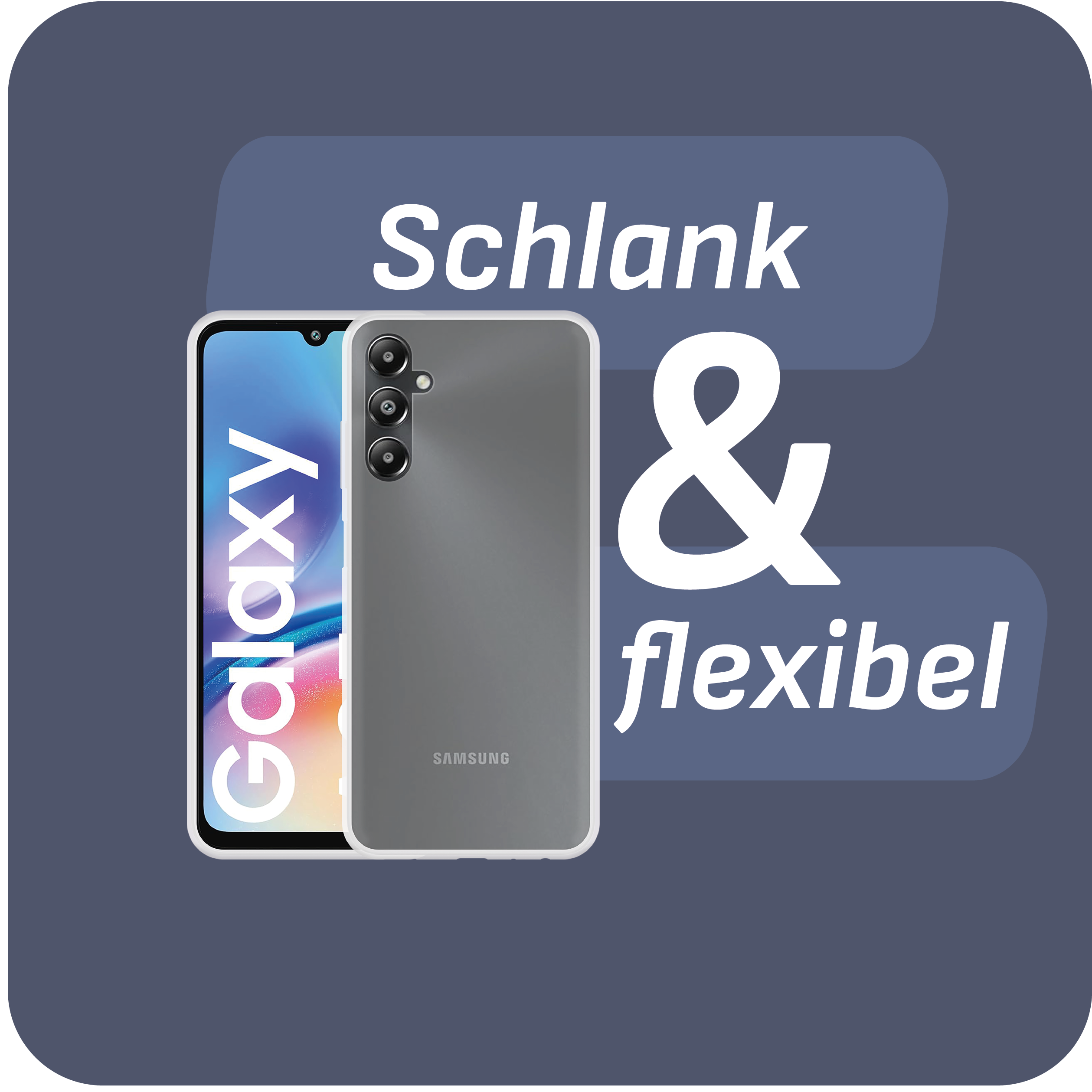 Zwei Telefone, eines zeigt einen Bildschirm, mit dem Text 'Galaxy' und dem Wort 'flexibel'.