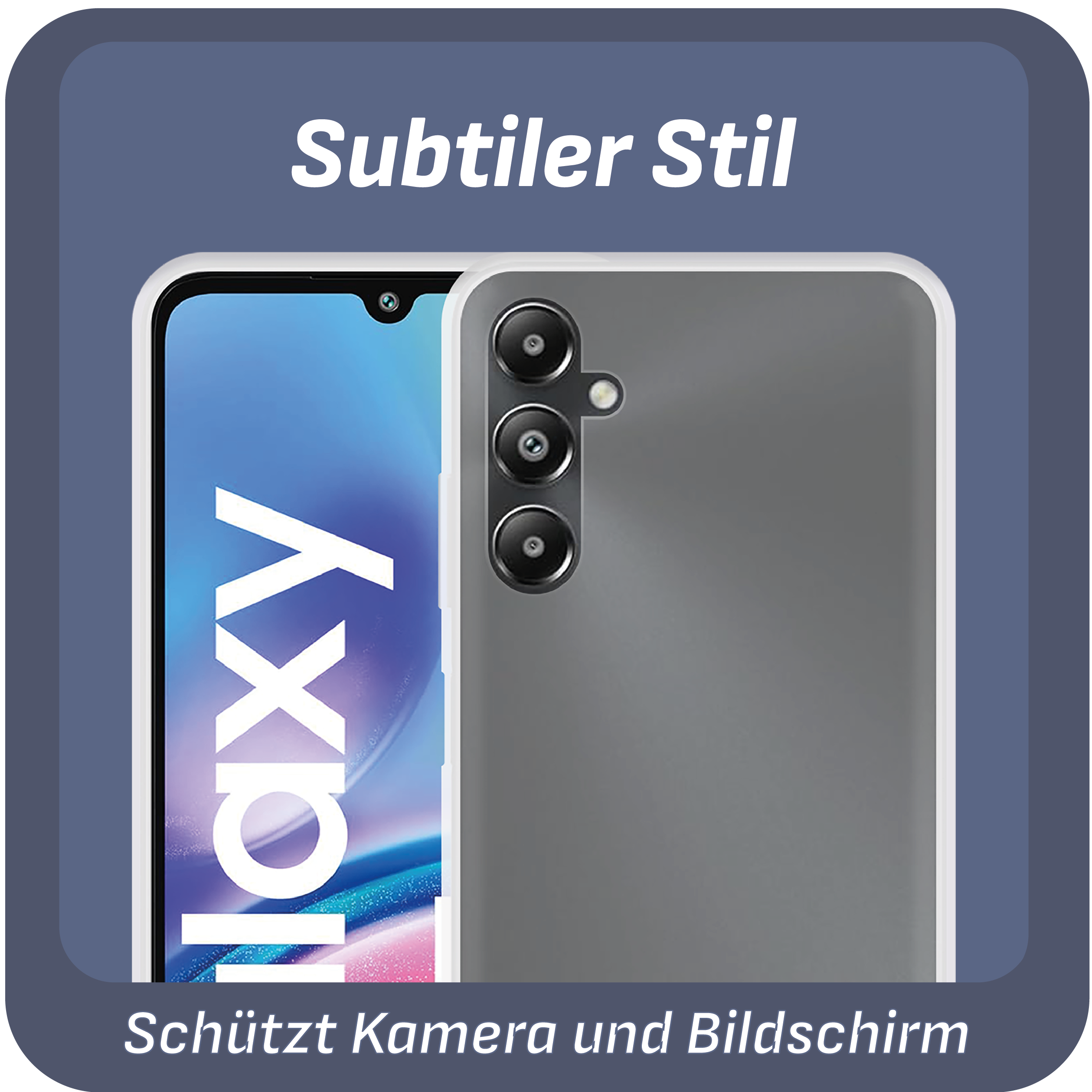 Handyhüllenbild mit Telefon. Text: Subtiler Stil, Schützt Kamera und Bildschirm. Telefondisplay zeigt App.