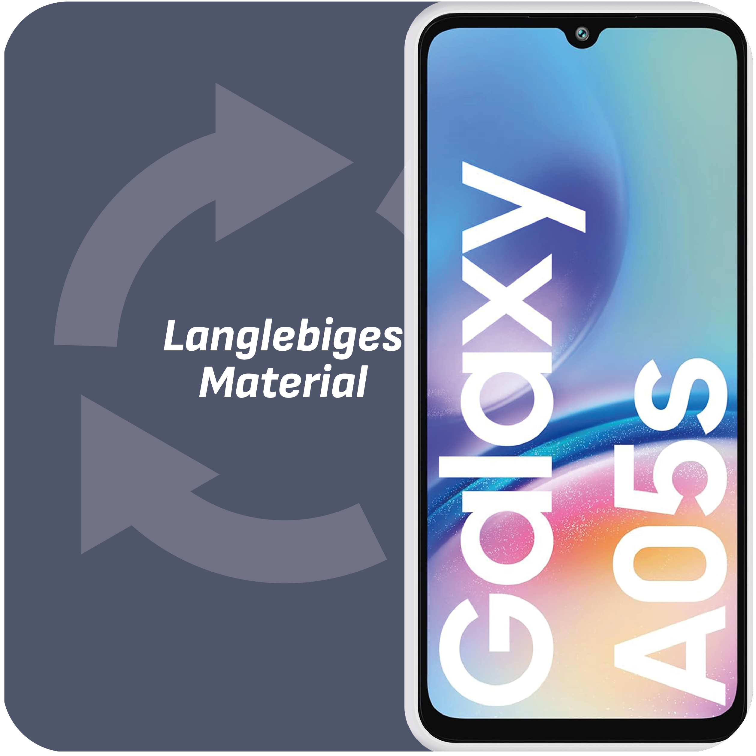 Ein Telefon mit weißem Rahmen zeigt den Text Galaxy A05S auf dunklem Hintergrund.