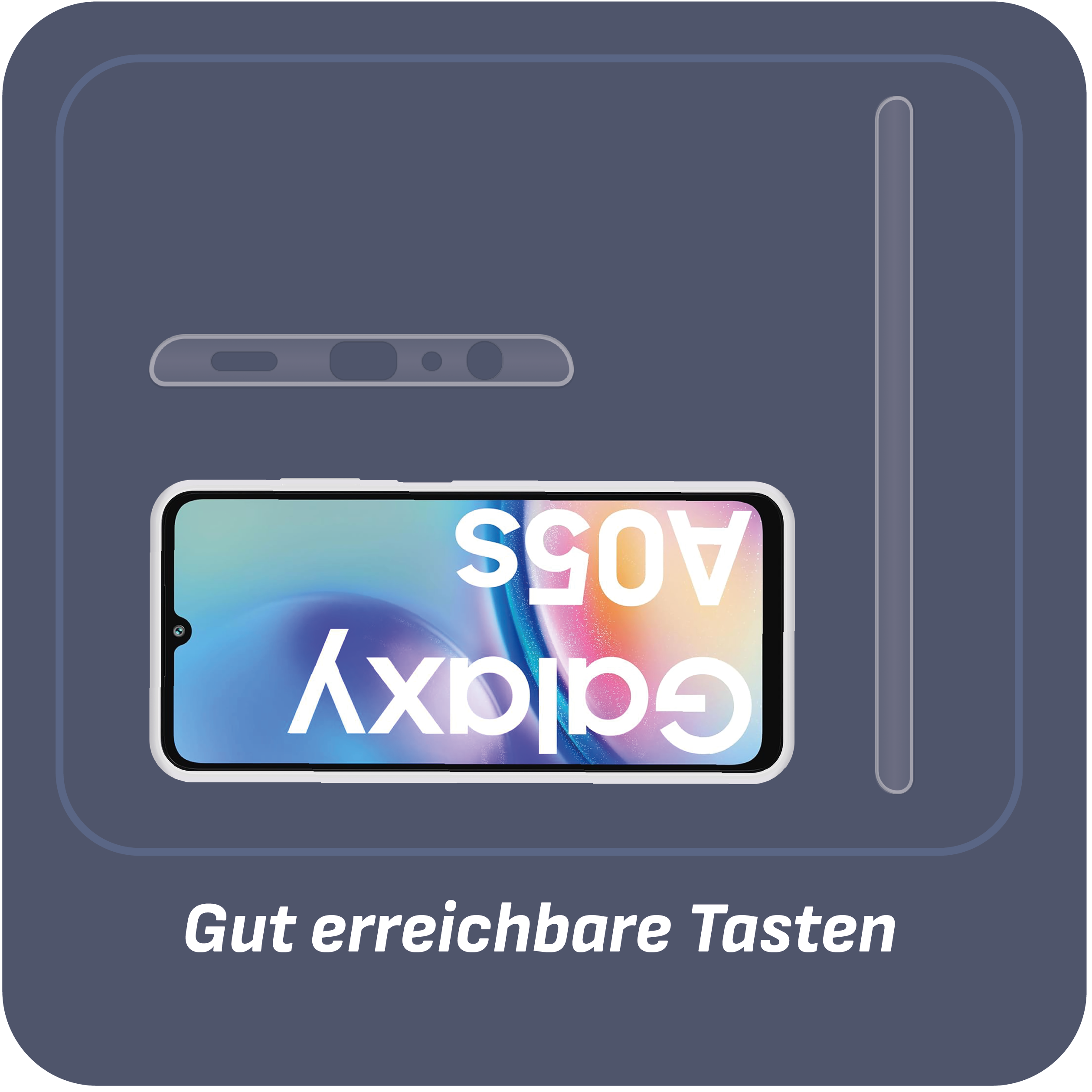 Ein Telefon in einer Hülle mit Text auf dem Bildschirm und den Worten: Gut erreichbare Tasten.