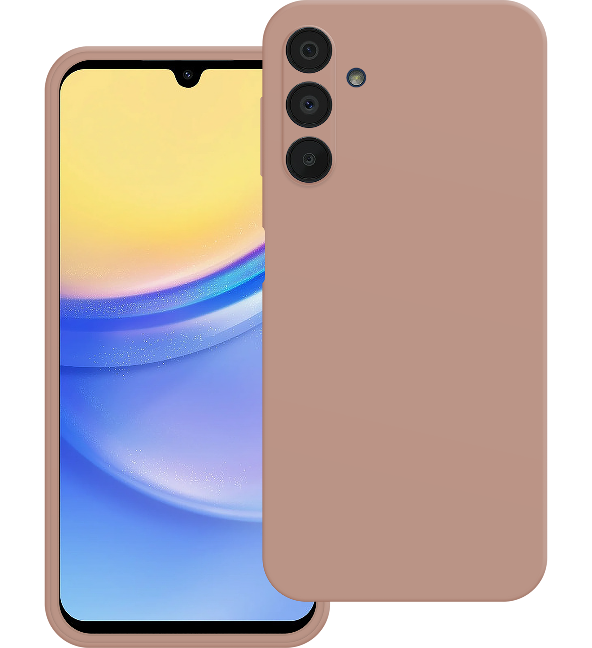 Rosa Telefon, Rückseite mit Kameras, in rosa Hülle auf schwarzem Hintergrund.