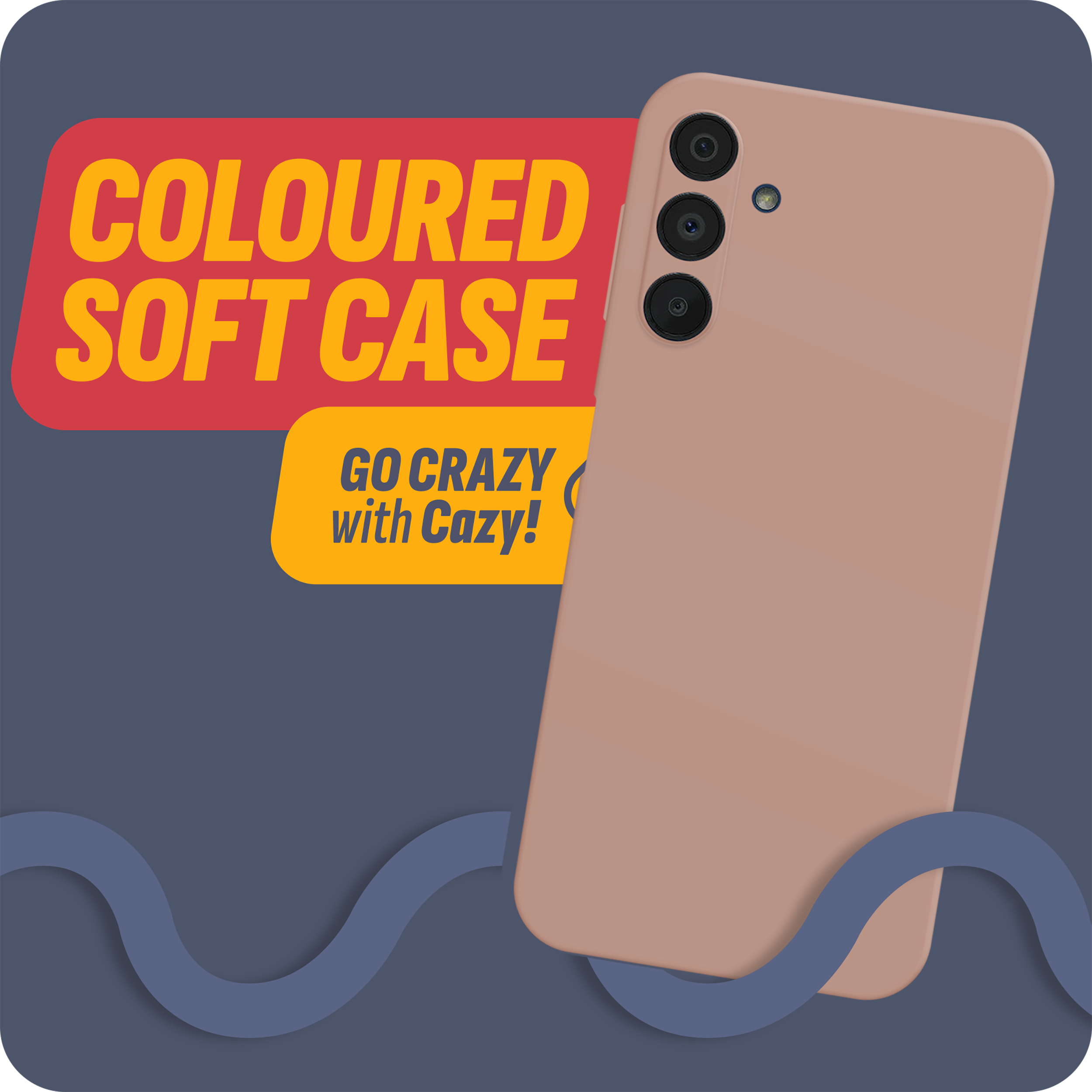 Rosa Handyhülle mit Text 'COLOURED SOFT CASE' und 'GO CRAZY with Cazy!' auf dunkelblauem Hintergrund.