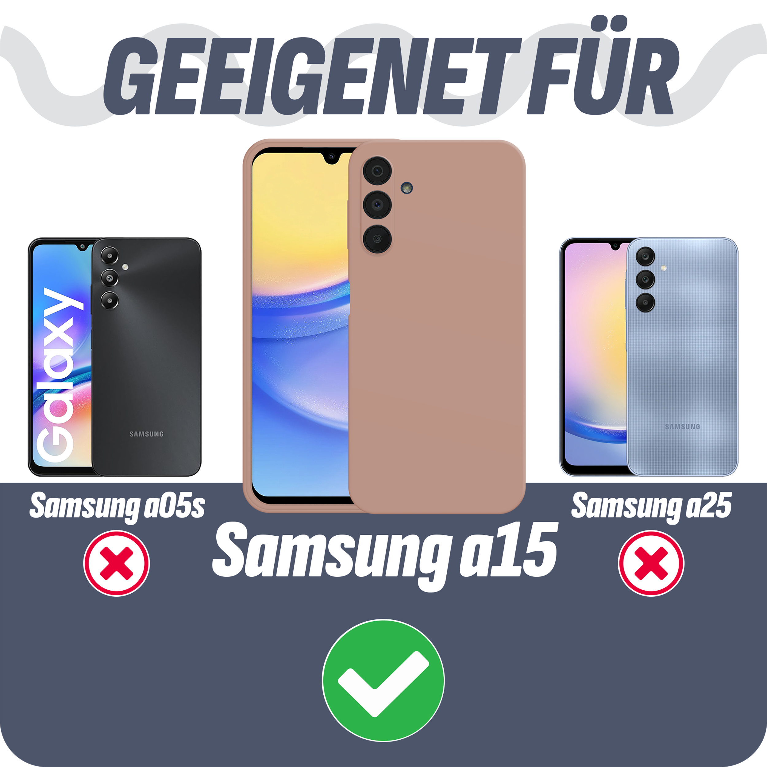 Drei Handyhüllen, die die Kompatibilität für Samsung a05s und a25 zeigen, aber nicht für a15.