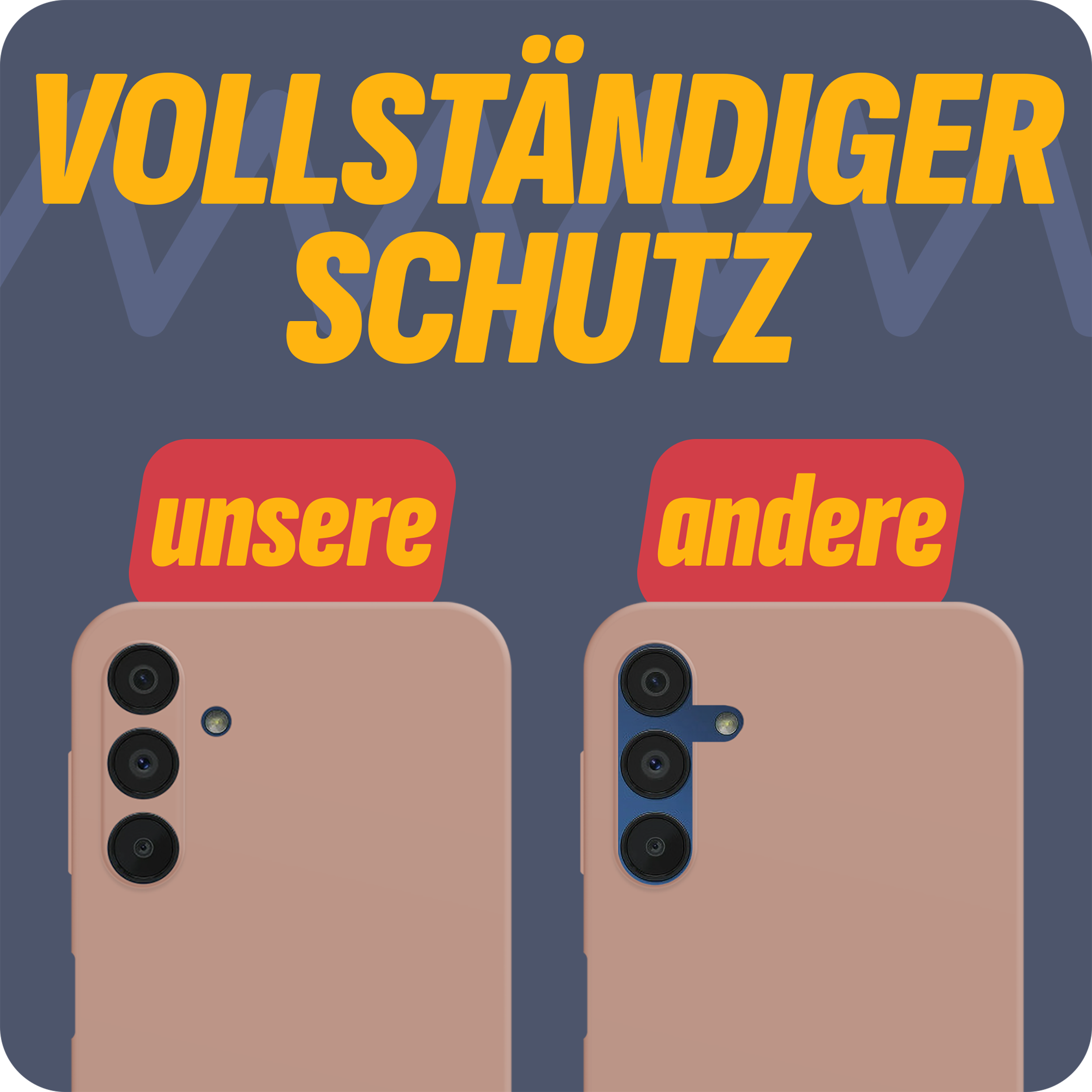 Zwei Handyhüllen, eine rosa und eine andere, mit dem Text 'Vollständiger Schutz'.