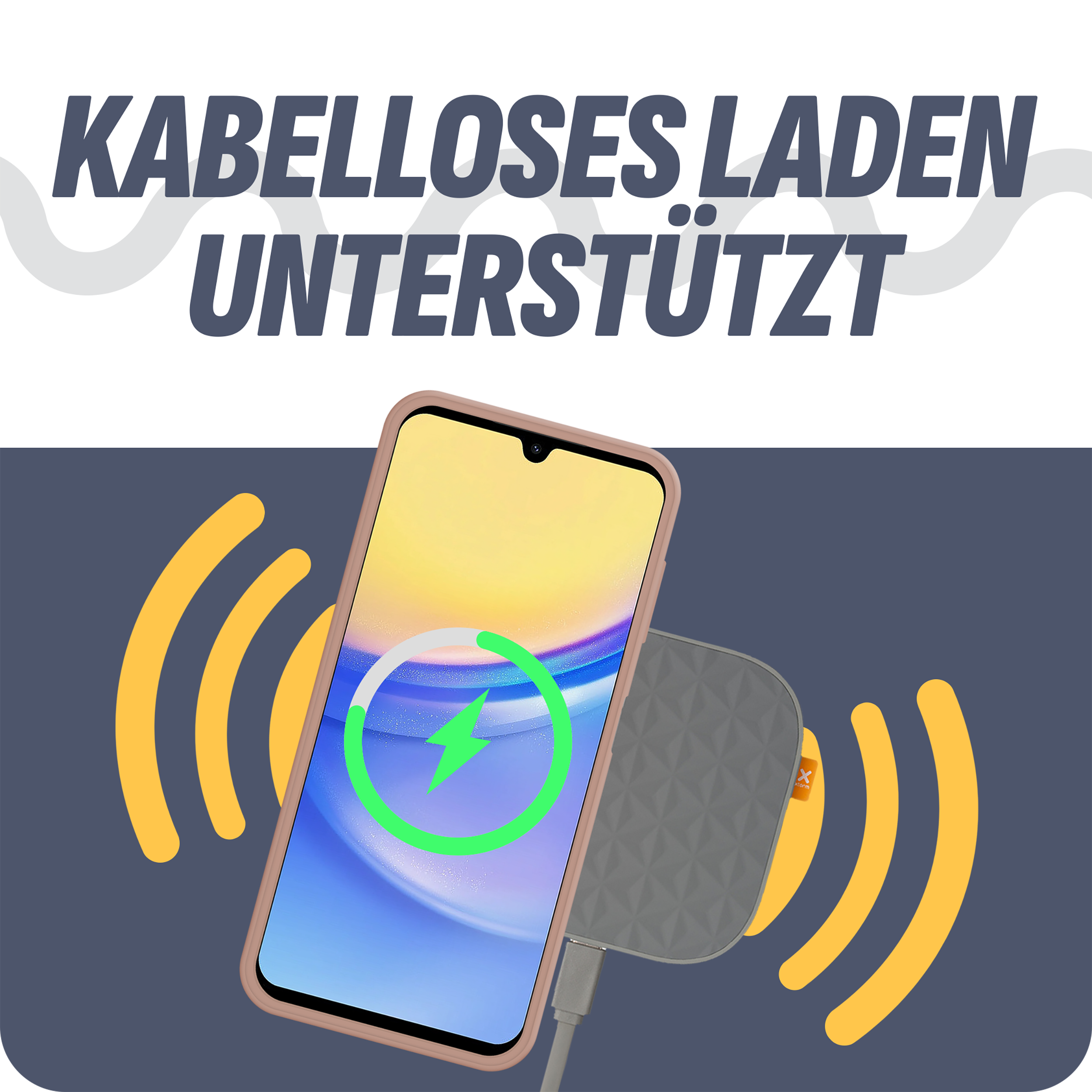 Ein Telefon, das drahtlos auf einem Ladepad geladen wird. Text oben: Kabelloses Laden unterstützt.