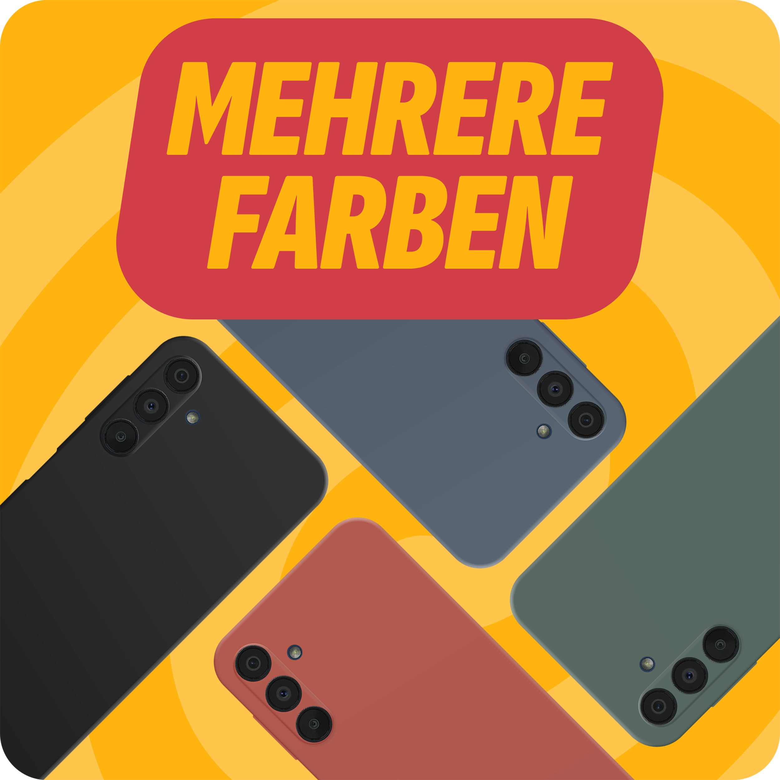 Vier Telefonhüllen in verschiedenen Farben. Text sagt: Mehrere Farben.