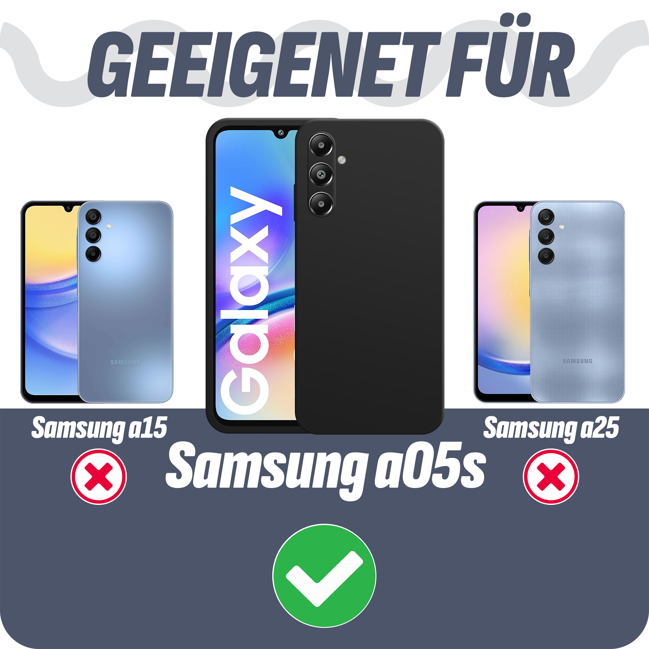 Handyhüllen mit grünem Häkchen, das die Kompatibilität mit Samsung Galaxy-Telefonen anzeigt.