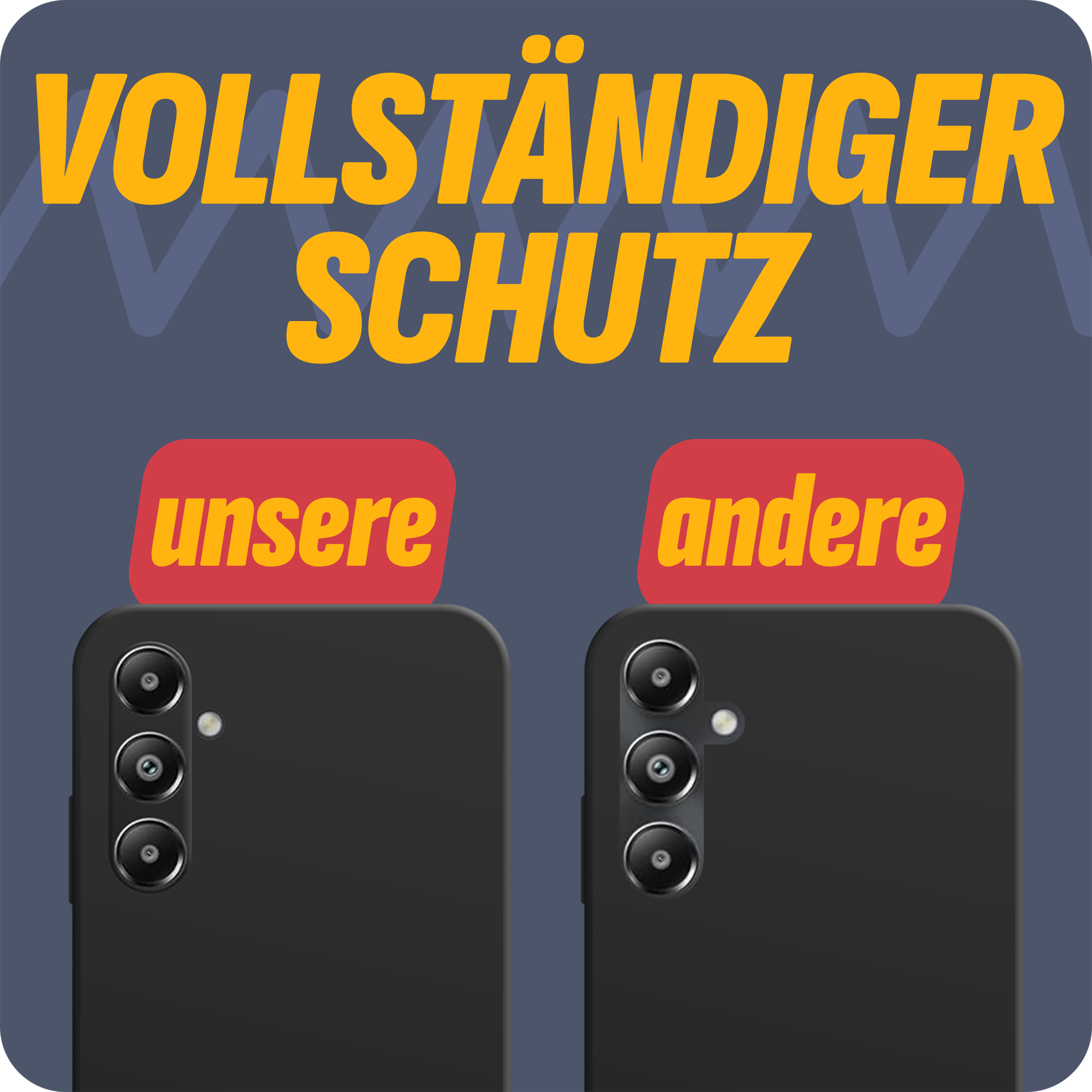 Zwei Handyhüllen mit einem schwarzen Telefon. Eine Hülle ist mit 'unsere' beschriftet.
