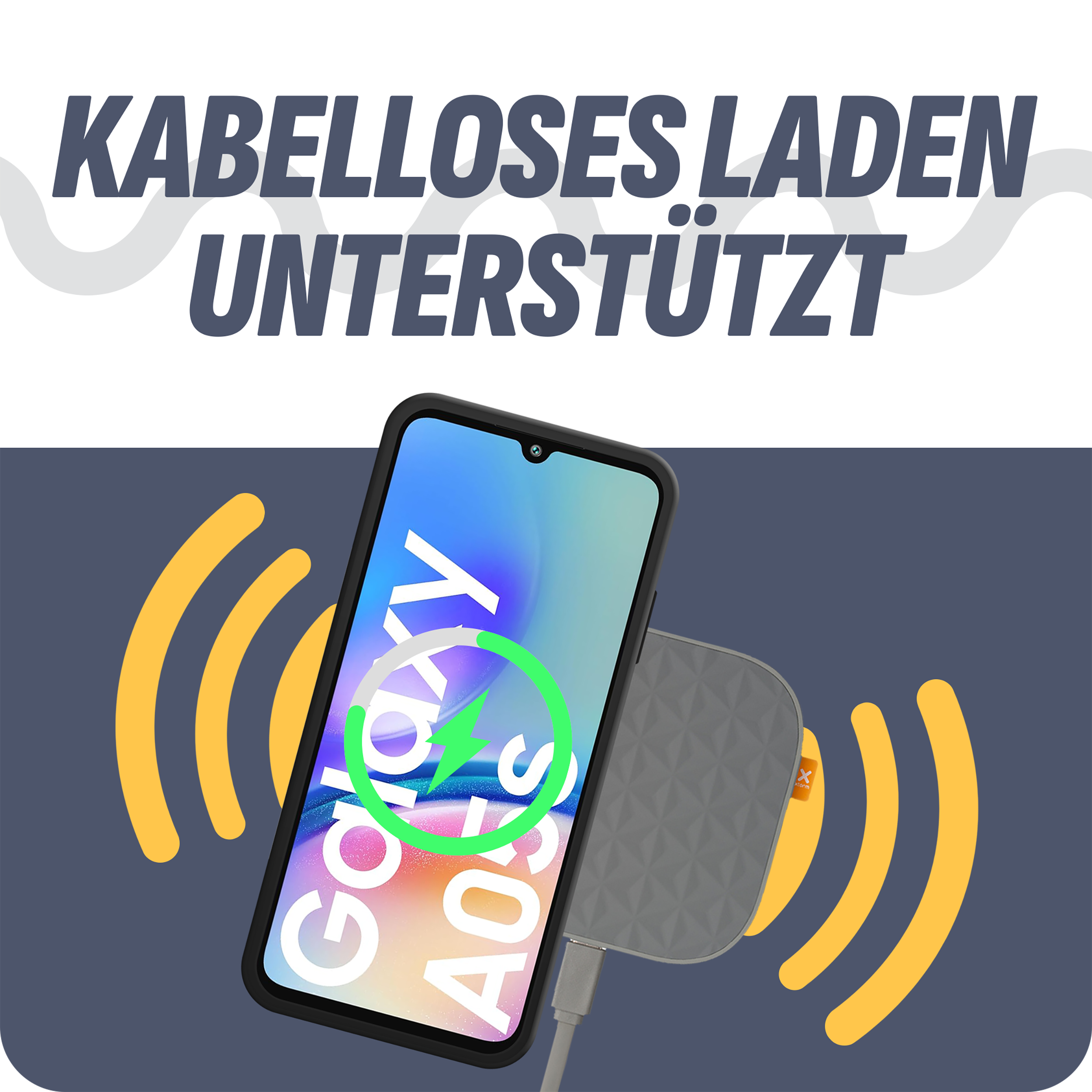 Ein Telefon auf einem kabellosen Ladegerät mit Textüberlagerungen, grauen und gelben Elementen.