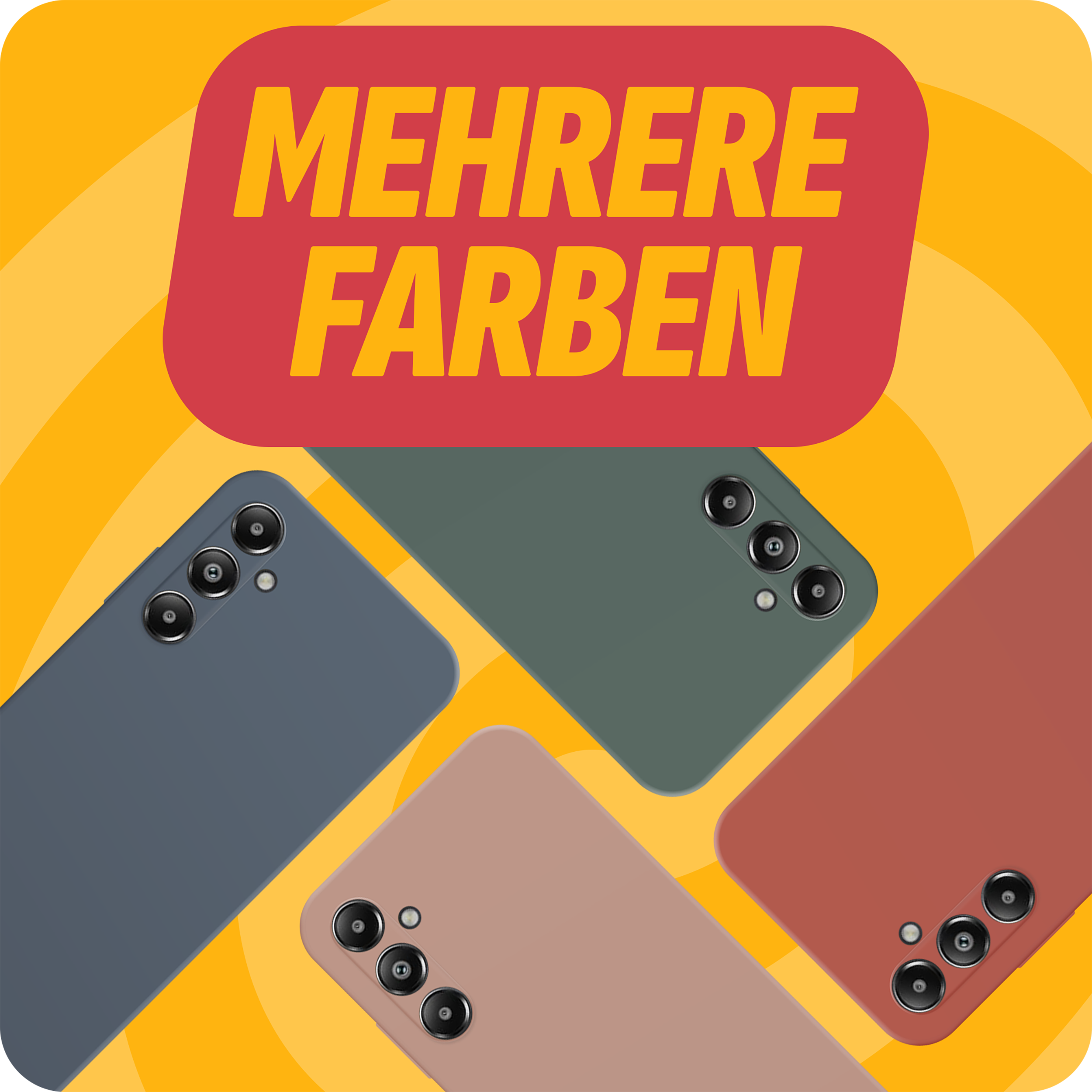 Vier Telefone in verschiedenen Farben, mit einem roten Banner mit der Aufschrift "Mehrere Farben" auf gelbem Grund.