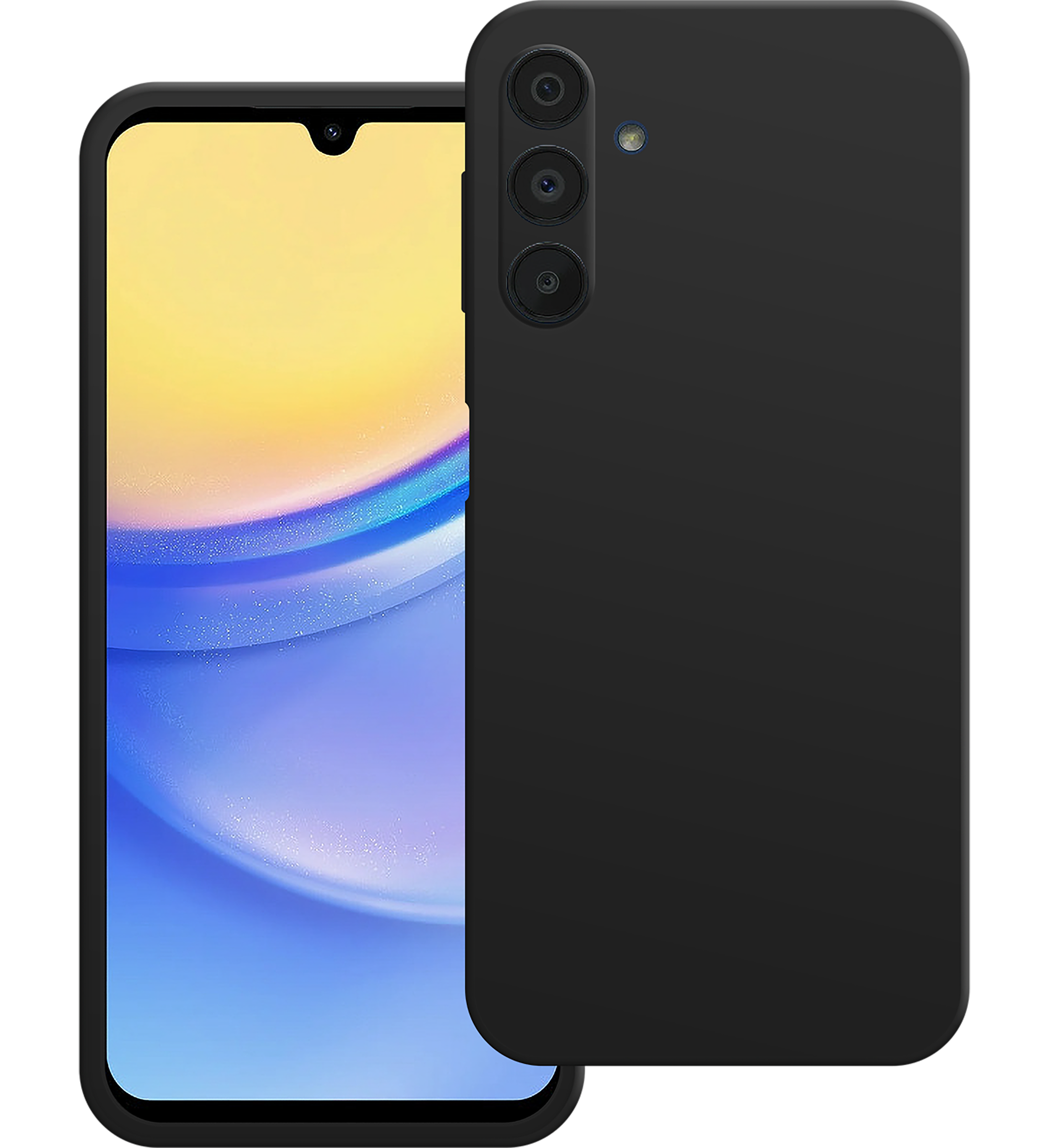 Schwarzes Smartphone mit gebogenem Bildschirm und schwarzem Gehäuse. Das Telefon zeigt einen Hintergrund.