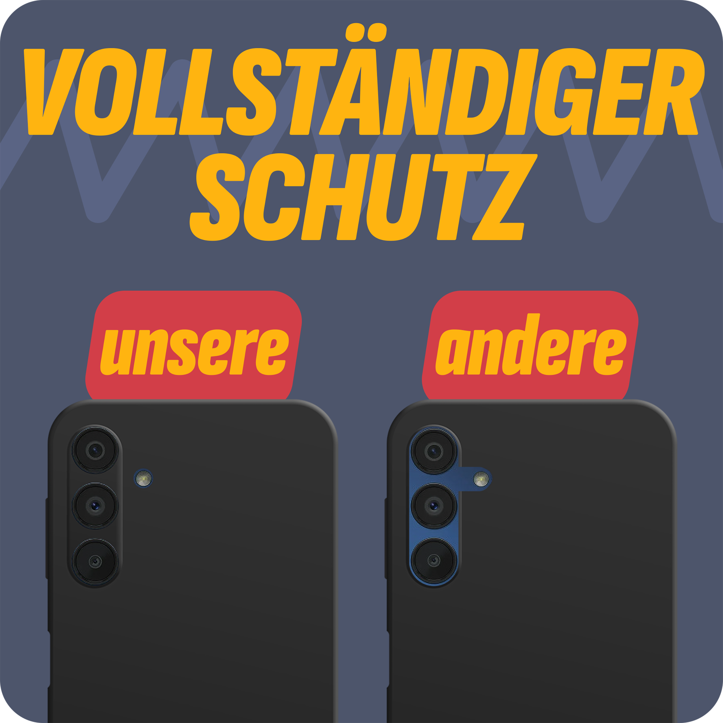 Zwei Handyhüllen, je eine auf jeder Seite, mit den Texten "unsere" und "andere" darüber.