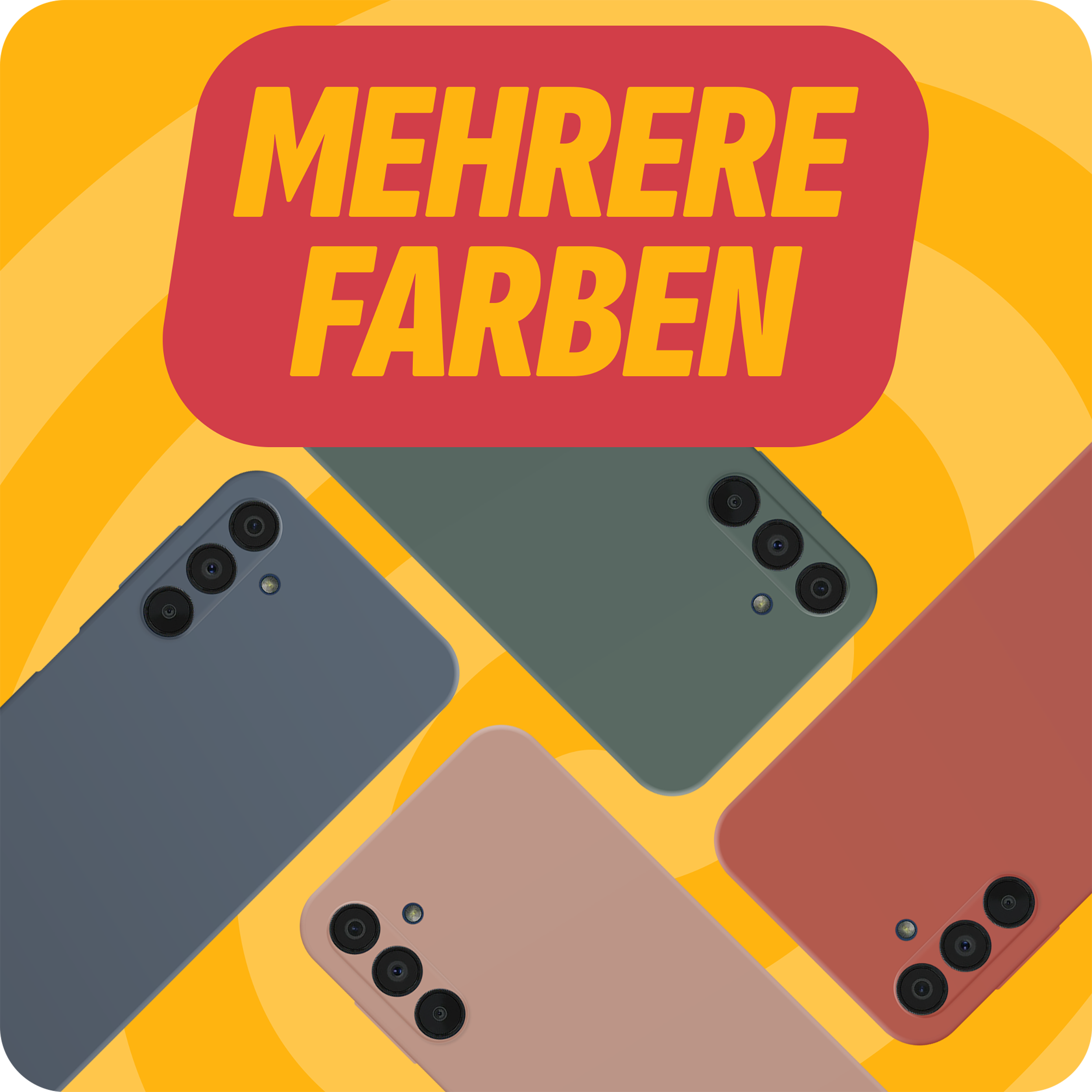 Telefone in verschiedenen Farben, darunter Blau, Grün, Rosa und Rot, mit gelbem Hintergrund.