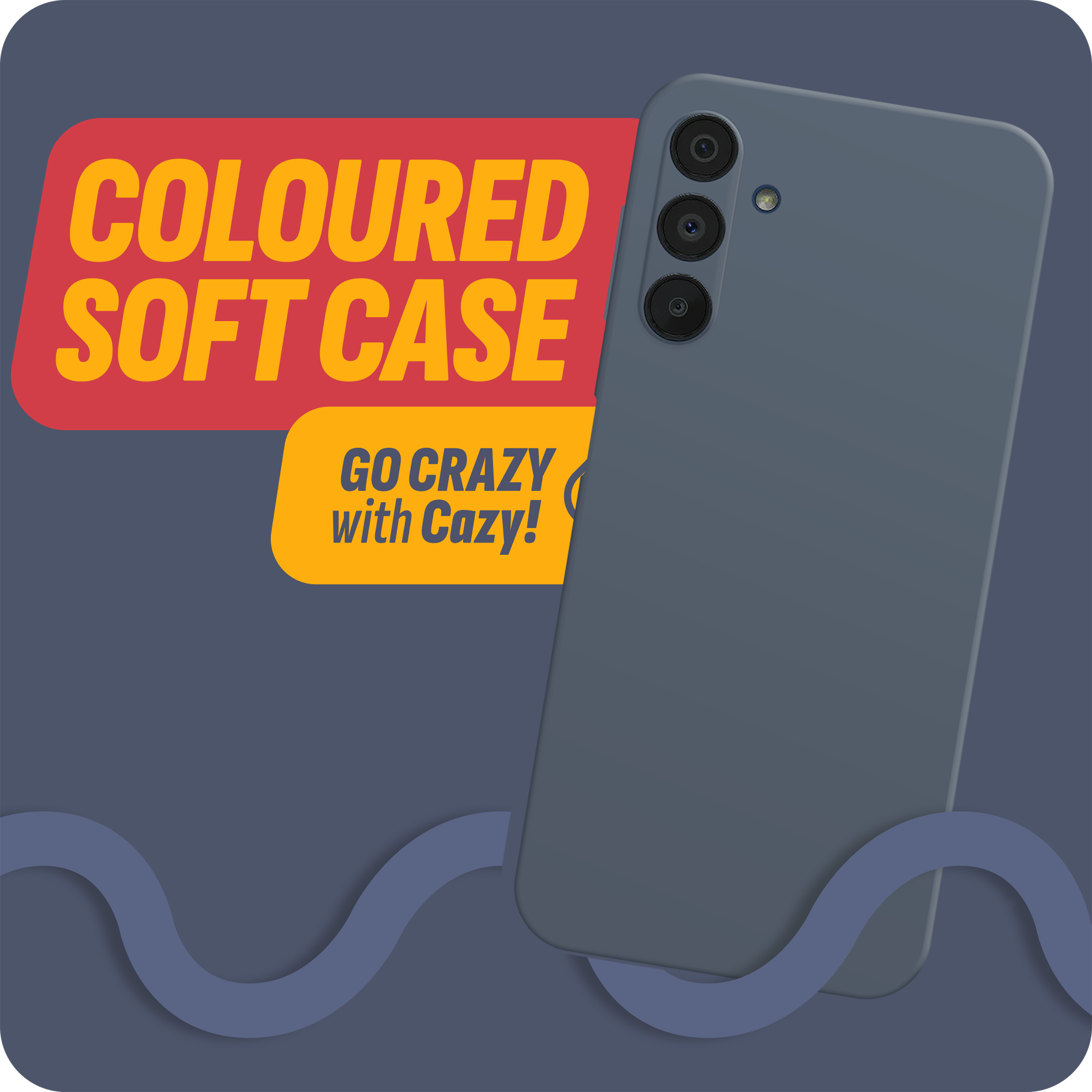 Eine Handyhülle mit dem Text "COLOURED SOFT CASE" und "GO CRAZY with Cazy!" auf dunklem Grund.