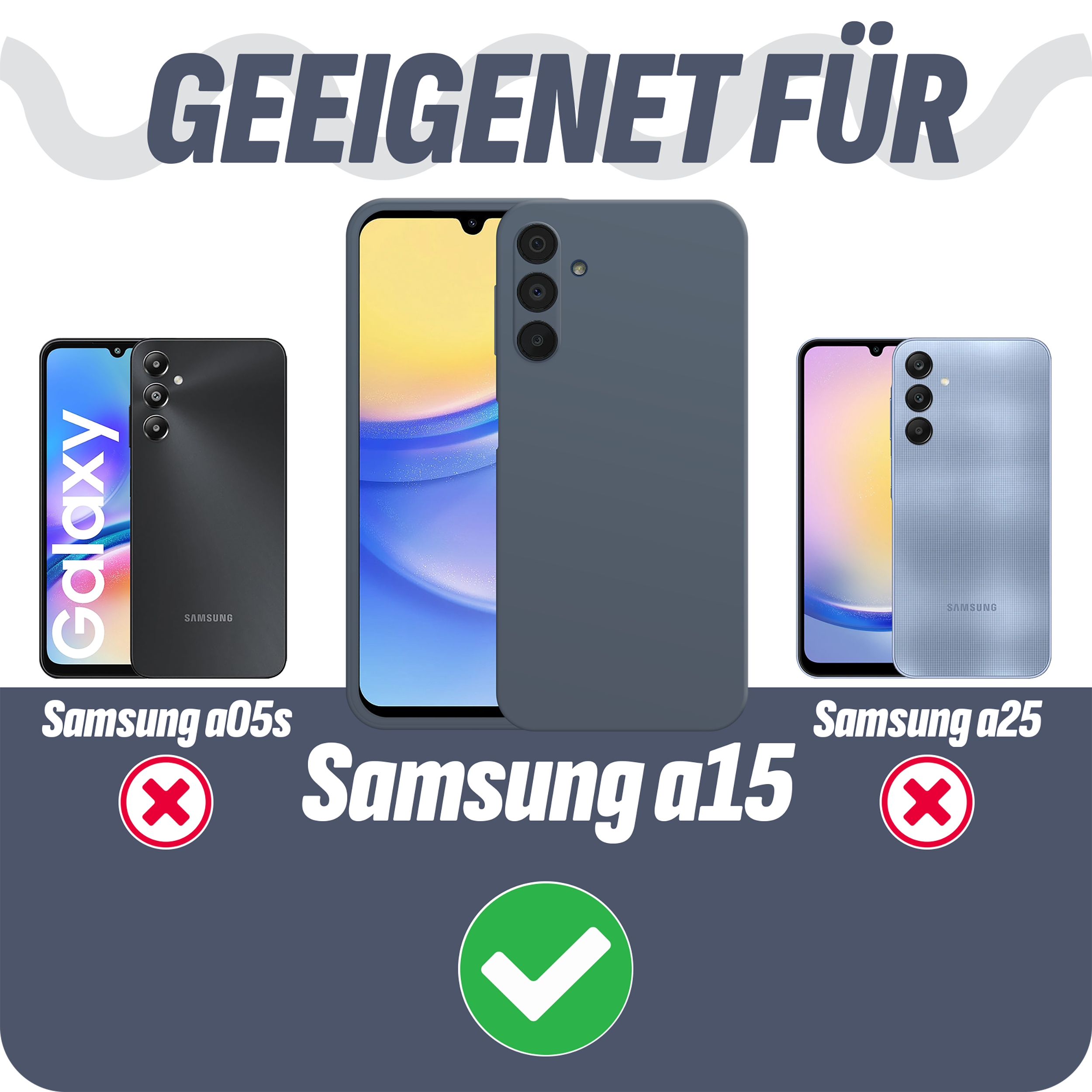 Telefone mit Hüllen, Text, der angibt, welche Samsung-Modelle geeignet sind und welche nicht.