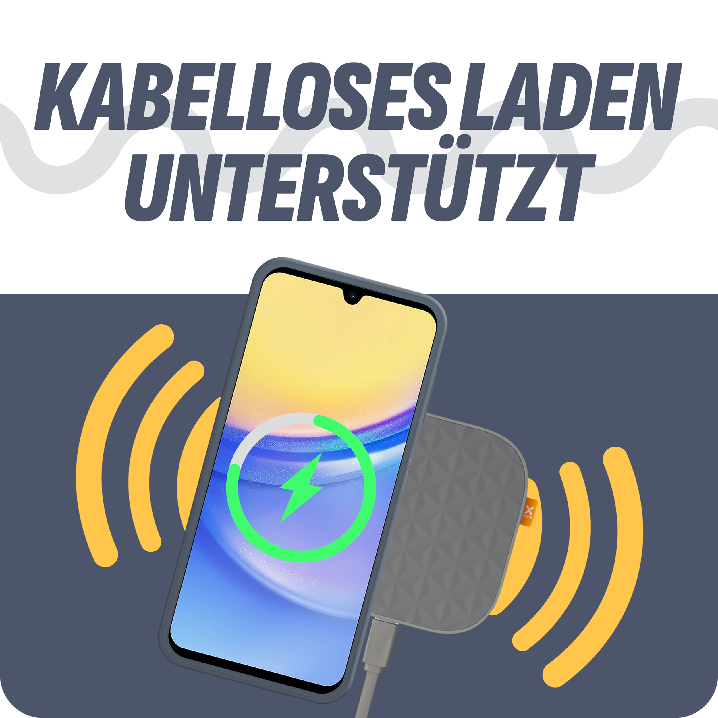 Telefon auf Ladegerät mit Text: Kabelloses Laden unterstützt.